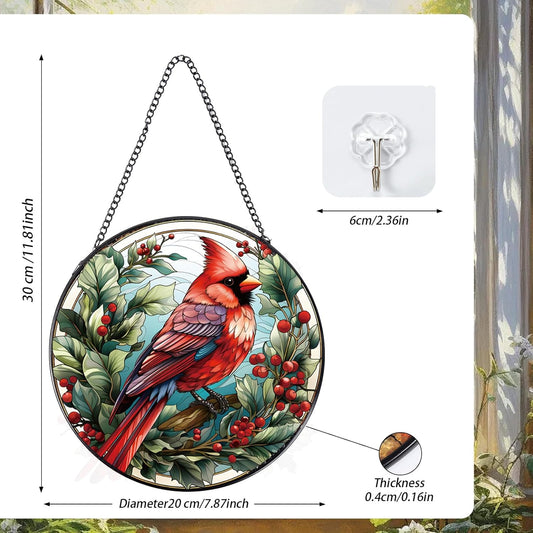 Cardinal Stained Glass Window Hanging Decor, 7.8″ Sun Catchers Stain Glass Window Hanging Indoor, Bird Suncatcher Home Wall Art Gift for Thanksgiving Christmas Housewarming