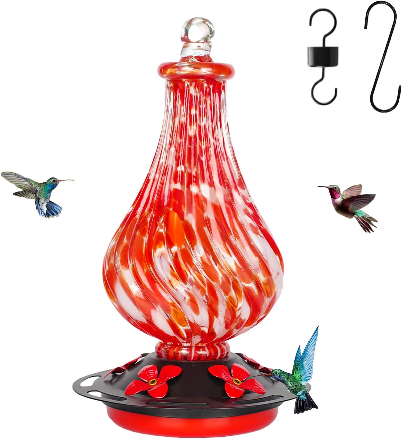 Glass Hummingbird Feeder,24oz Red Hand Blown Humming Bird Feeders for Outdoors Hanging with 5 Feeding Ports & Ant Moat,Unique Gifts for Women Men,Hanging Garden Decor
