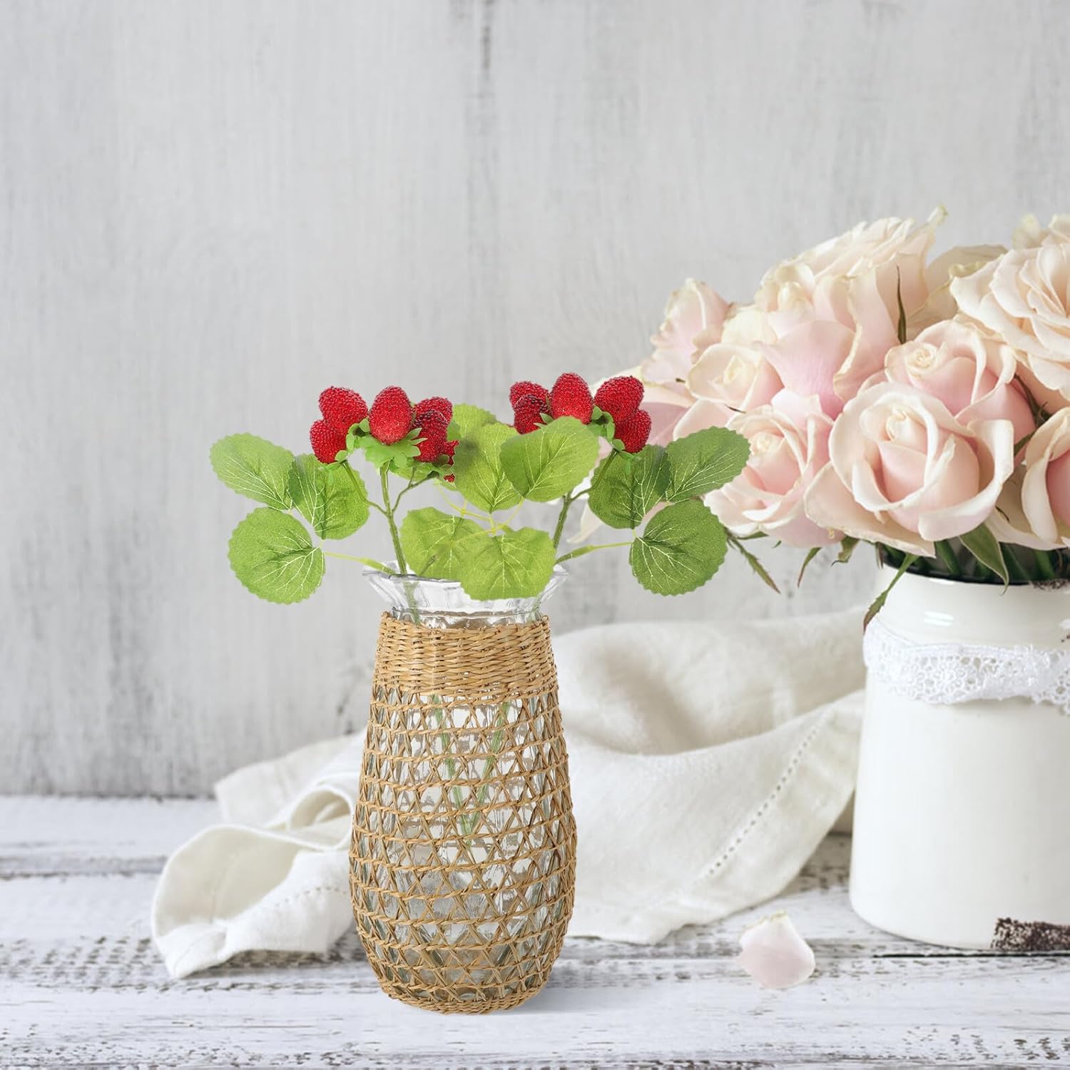 Woven Rattan Glass Vase Decorative Flower Pot for Dried and Fresh Plan