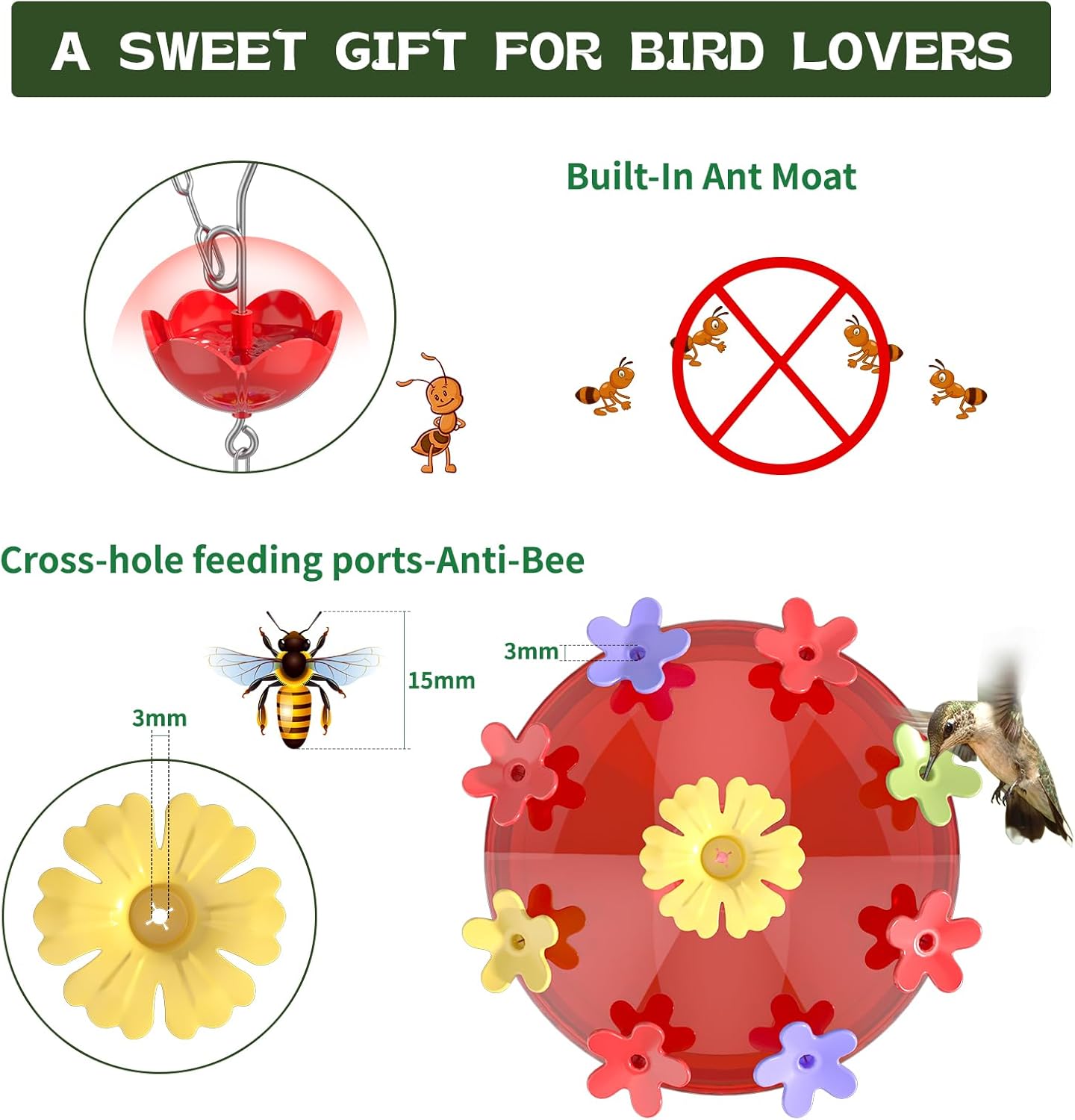 Hummingbird Feeders for Outdoors - Multi-Port, Top-Filling - Ant & Bee Proof, Ideal Garden Decor