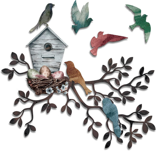 Tatuo Metal Bird Wall Art Birds on The Branch Wall Decor Hanging Metal Tree with Birdhouse for Living Room Tree Leaf Decor for Indoor Outdoor Garden Bedroom Office Home Housewarming Party