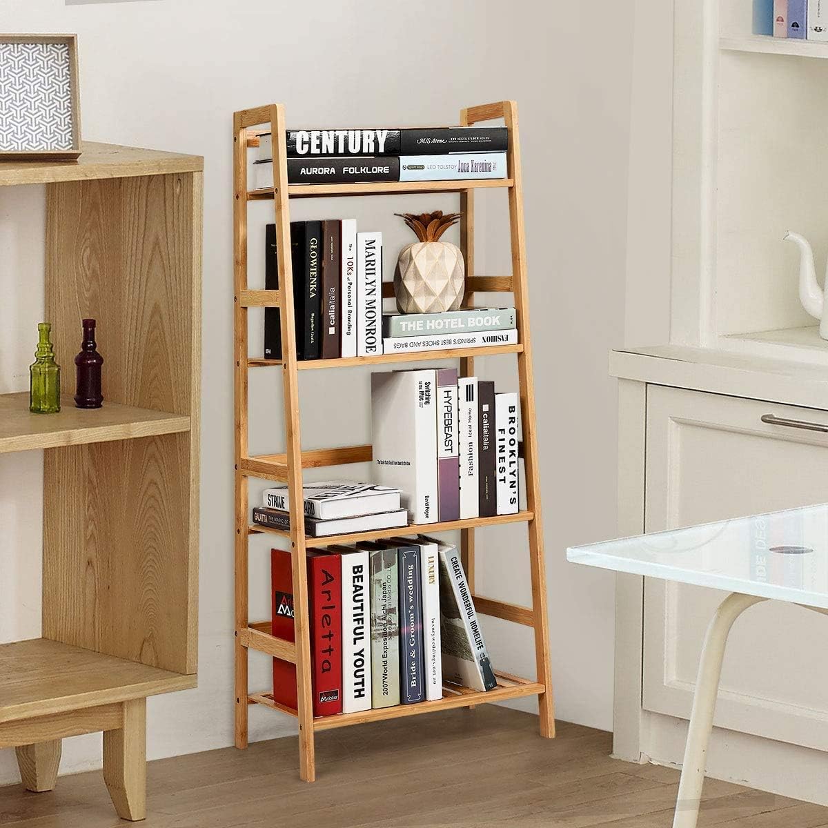 Giantex 4-Tier Ladder Shelf Plant Stand, Bamboo Flower Pots Holder Display Rack, Multifunctional Ladder-Shaped Bookshelf Storage Shelves for Home Office Living Room Bathroom Bedroom Kitchen (Natural)