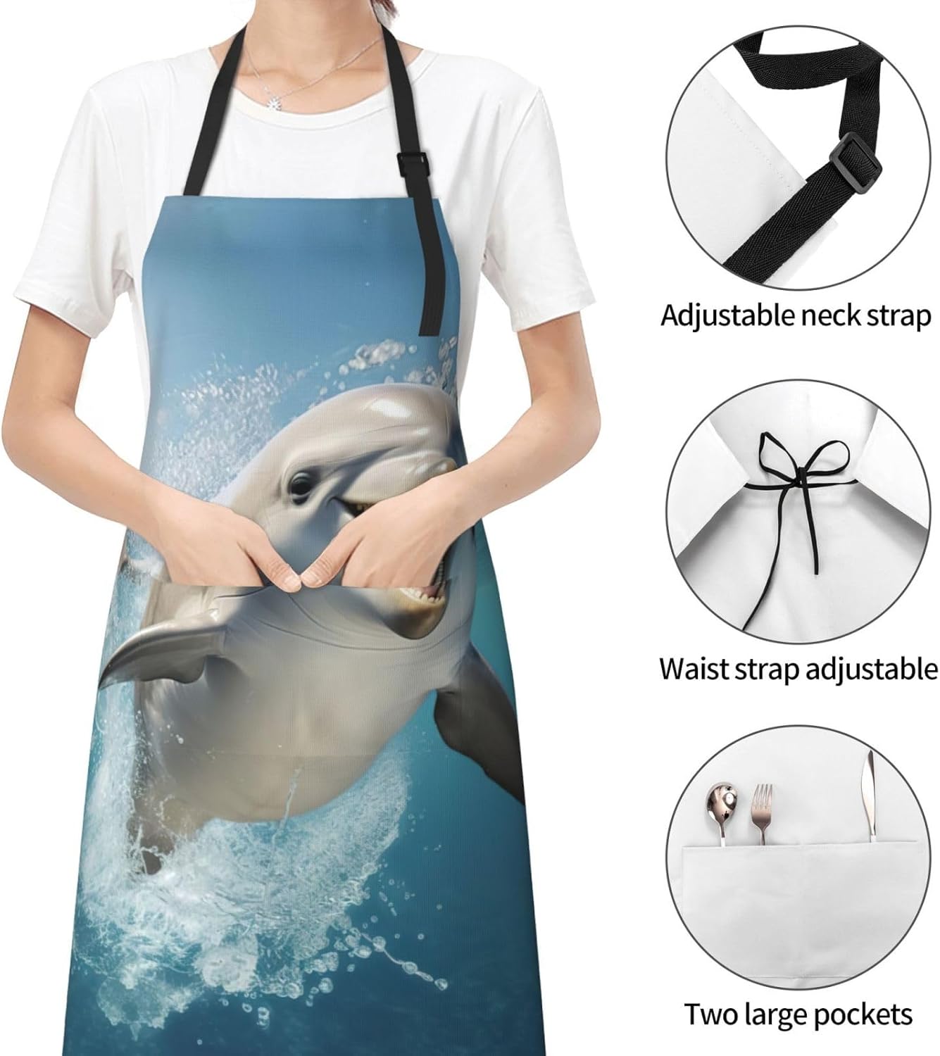 Funny Animal Dolphin print Waterproof chef's apron with pocket apron for kitchen cooking baking barbecue and gardening