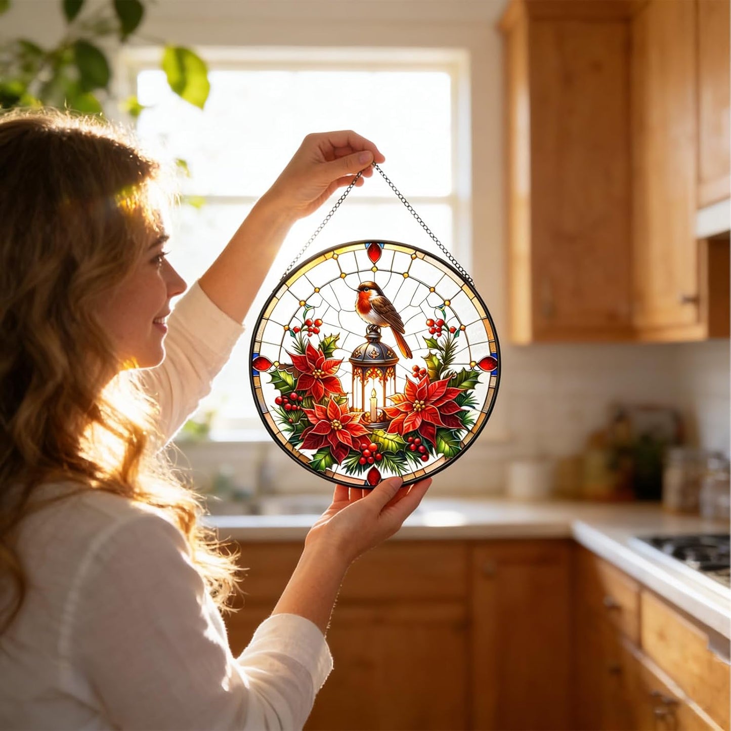 A Robin on lamp Post Stained Glass Window Hanging, Red Bird Memorial Suncatcher,Hummingbird Suncatcher for Women,Cardinal Gifts for Mom Grandma 7.87"