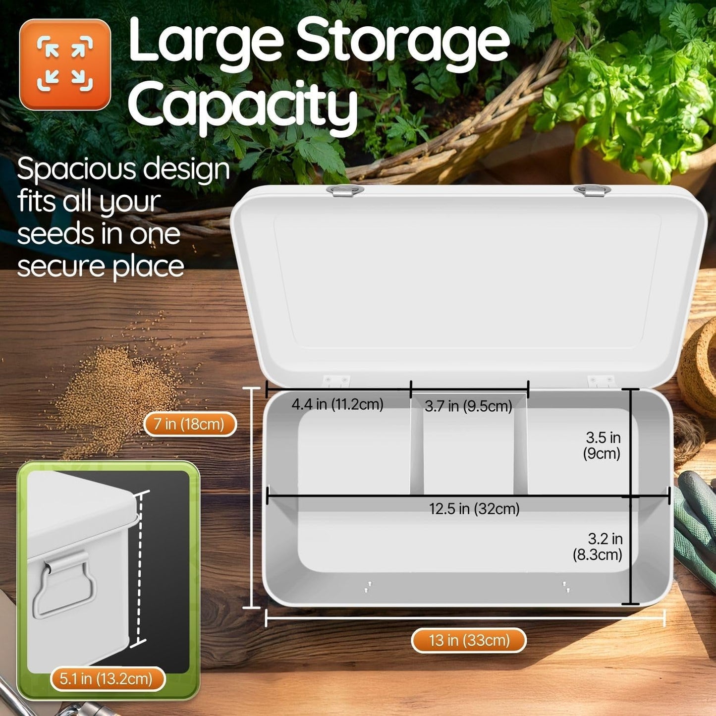 Flexzion Seed Saving Box - Metal Seed Storage Organizer Box with Lid, 4 Spacious Compartments Storage Bin for Garden Tools & More with Safety Locks, White