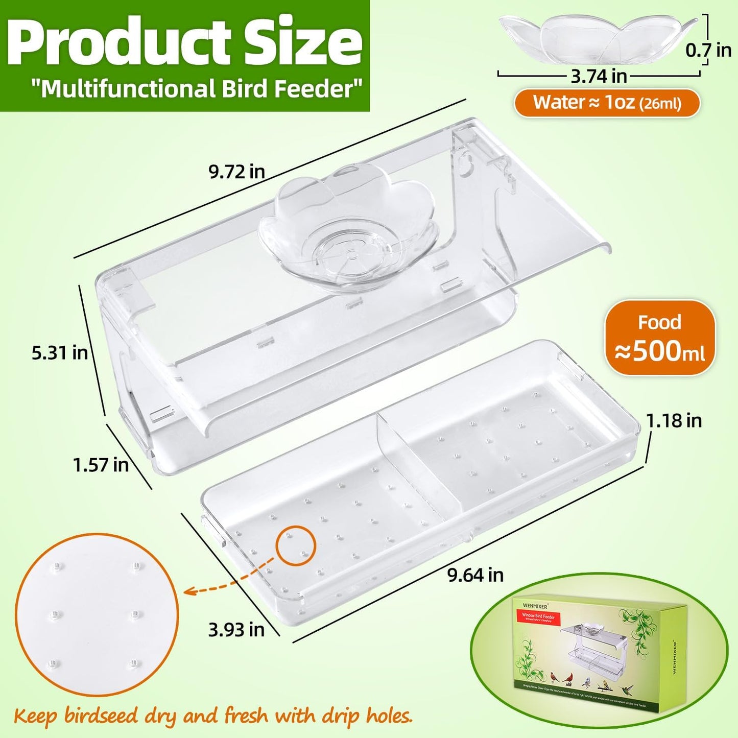 Window Bird Feeder with Non-Marking Self-Adhesive Hooks, Clear and Transparent, Outdoor Wild Bird Watching Gift, Garden Decor (Standard)