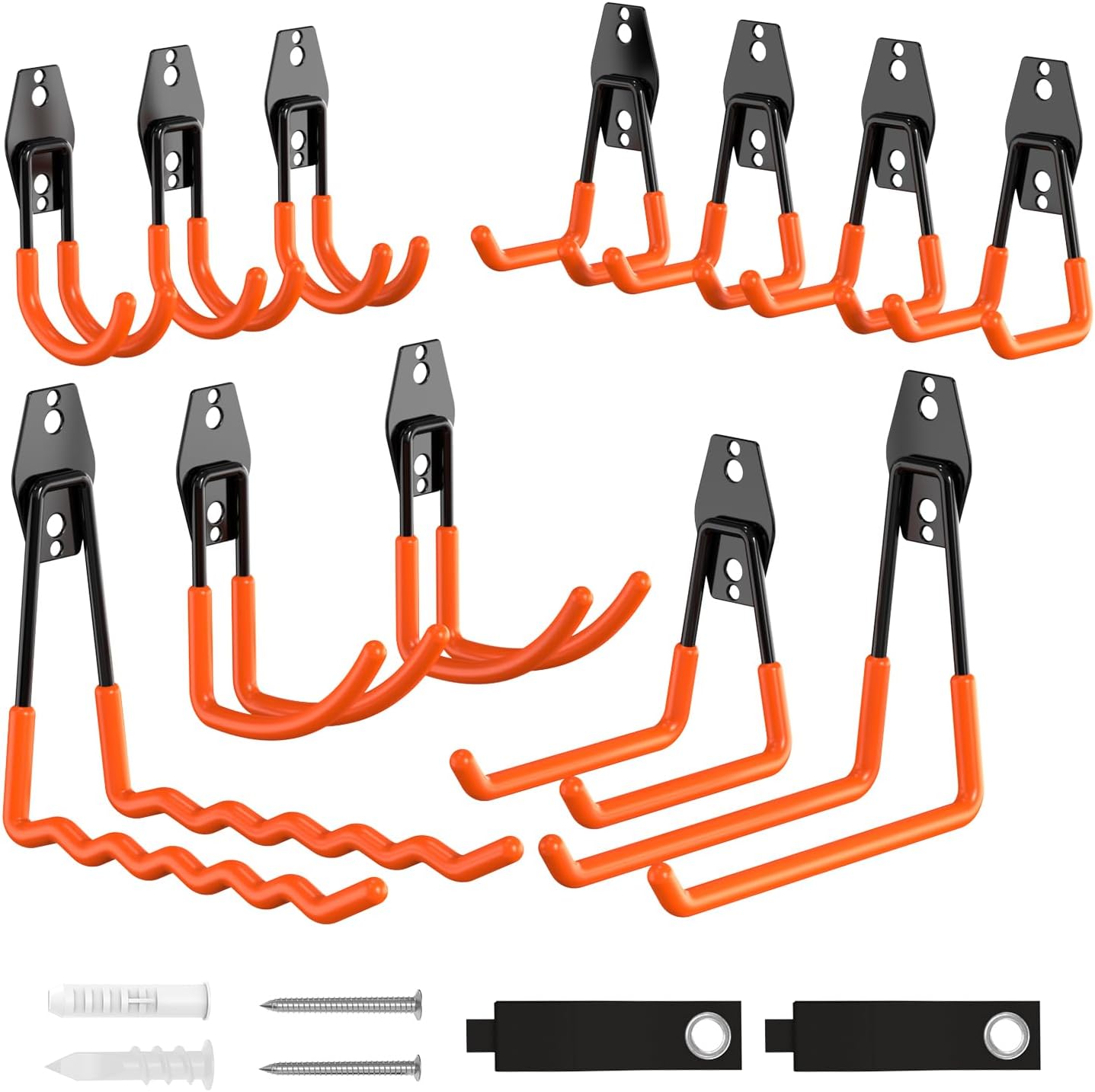 Garage Hooks Heavy Duty, 14 Pack Utility Steel Garage Storage Hook with Straps, Wall Mount Tool Organizer Hooks for Hanging Bike, Ladder and Garden Tools