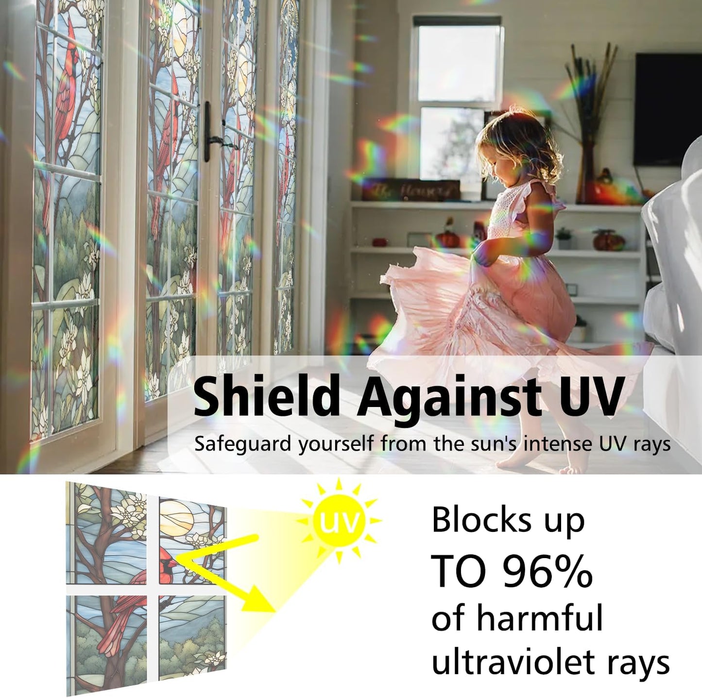 Decorative Cardinal Stained Glass Window Film, Cardinal Stained Glass Window Film for Bathroom Shower Door Heat Anti UV