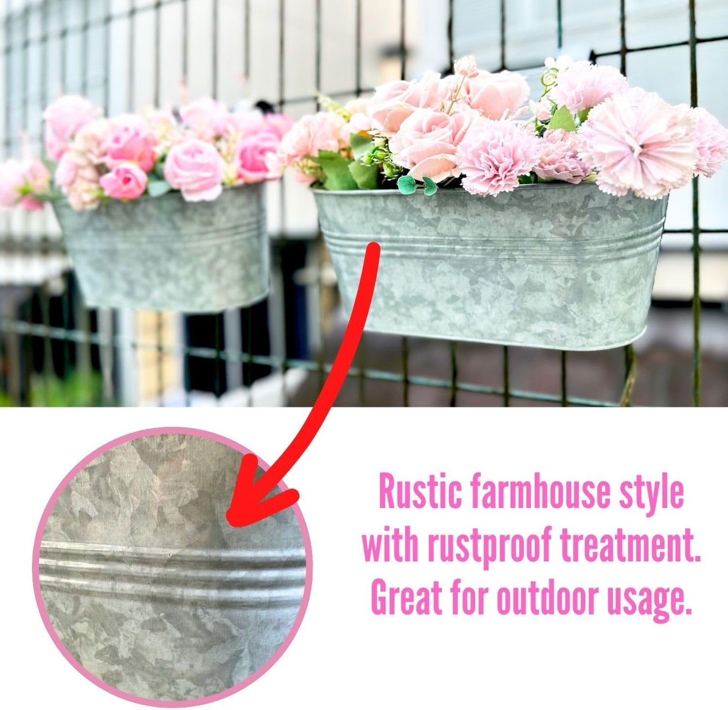 LaLaGreen Outdoor Rail Planter (11.2 Inch, 2 Pack) Silver Metal Iron Hanging Flower Pots Deck Railings Fence Buckets Modern Countryside Boho Style Wall Mount Window Box Plant Holder Hooks Porch Decor