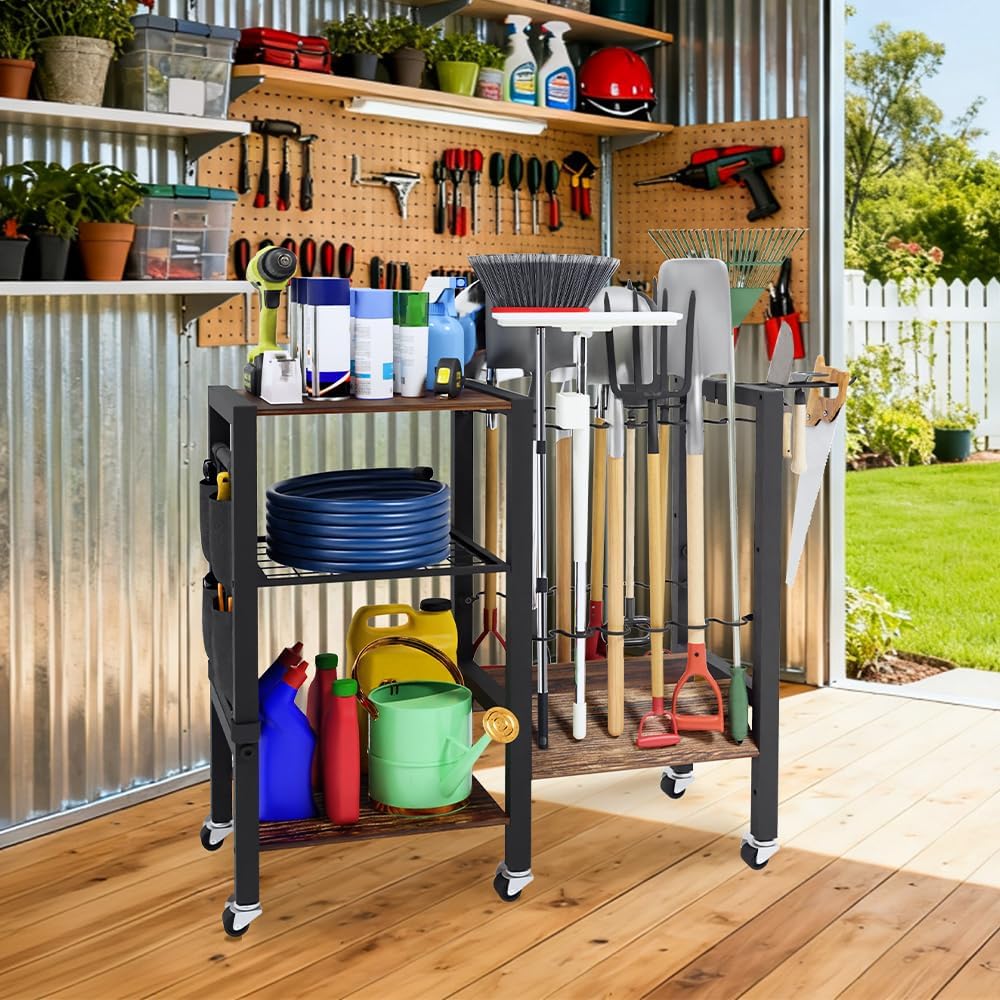 Garden Tool Organizer with Lockable Wheels, Heavy Duty Yard Tool Storage Rack for Shovels and Rakes, 3 Tier Lawn Care Utility Holder with hooks for Garage, Shed, Yard and Laundry Room
