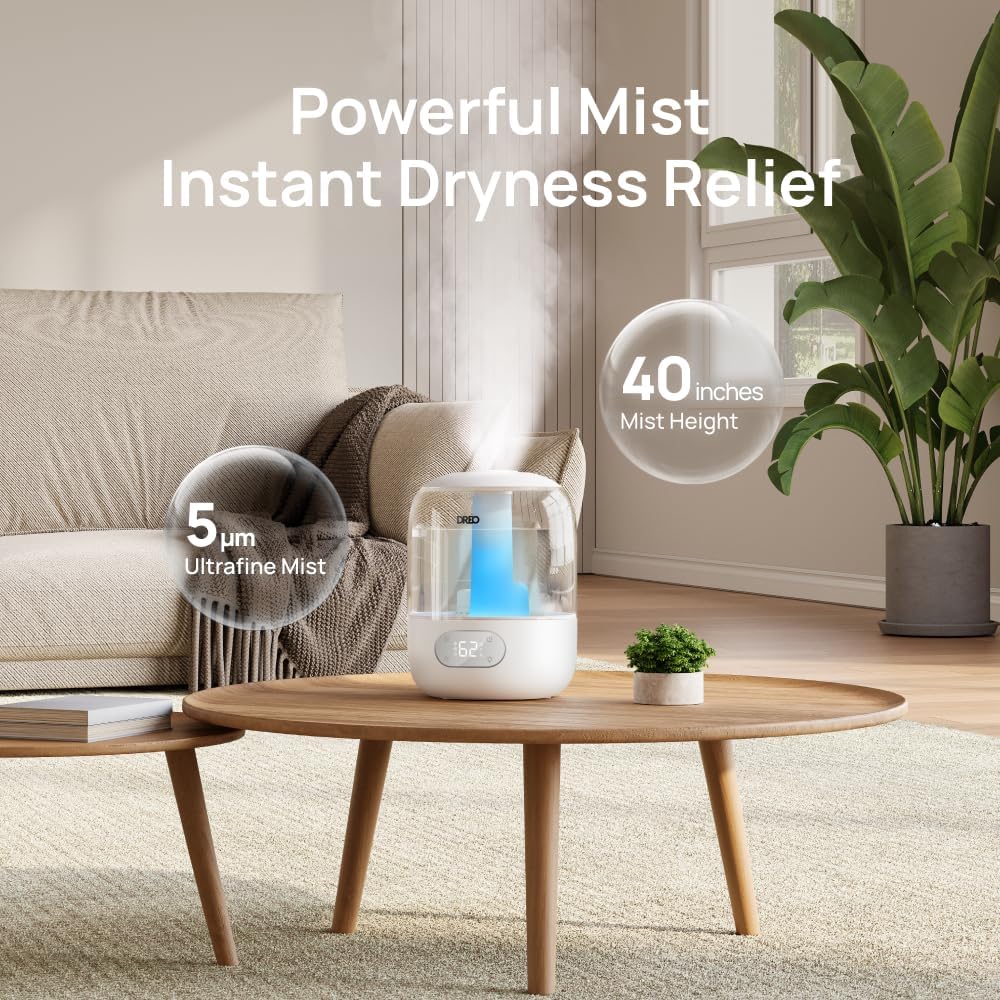 DREO Humidifiers for Bedroom, 3L Top Fill 30H & 26dB Quiet Runtime for