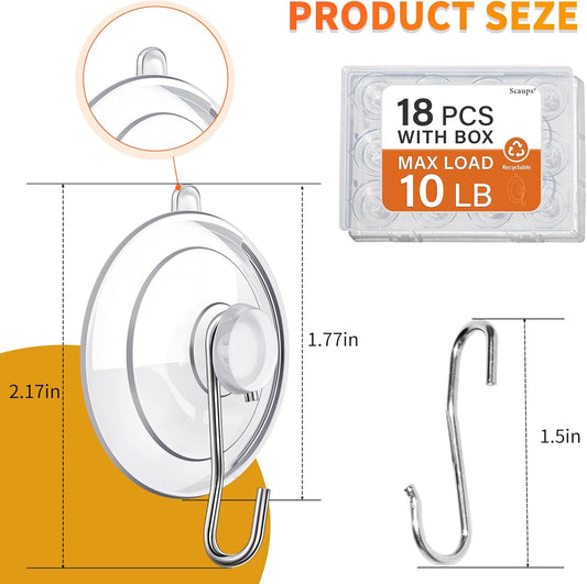 18 Pack Suction Cup Hooks Max Load 10LB, 1.77Inch Suction Cup Hook for Glass Window, Reusable, Suitable for Glass, Windows, Bathrooms, Kitchens, Tiles, Shower Cubicles