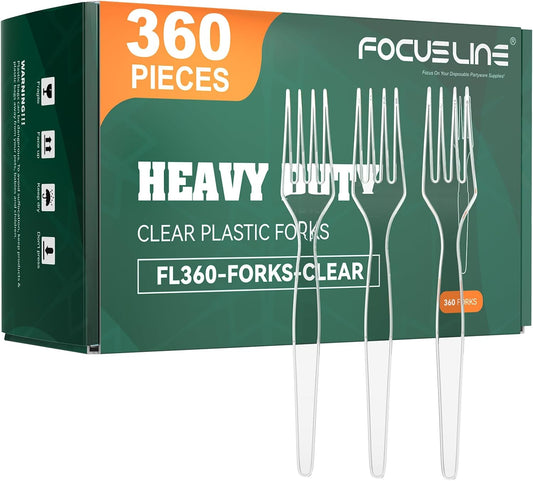 FOCUSLINE 360 Count Clear Plastic Forks Heavy Duty, Solid and Durable 