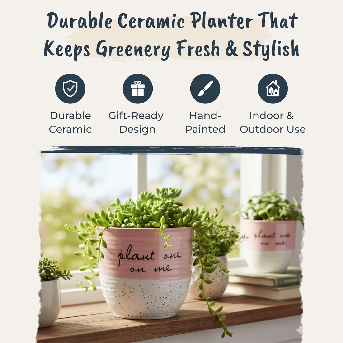 Blue Sky Clayworks Patricia 5" Flower Pot, Ceramic, 6" D x 5" H, Blush Script & Speckles
