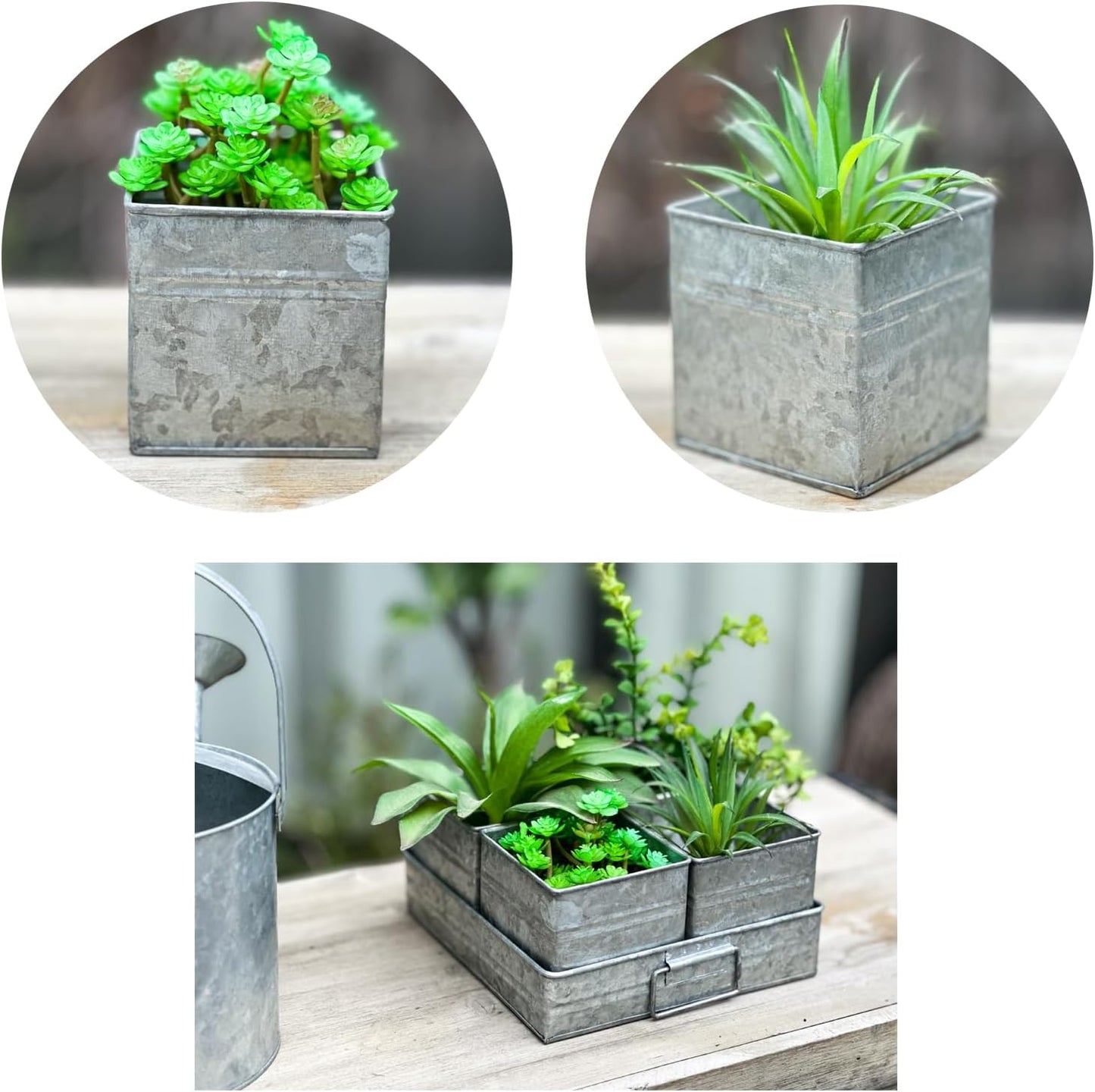 Set of 4 Shabby Chic Small Vintage Vase Farmhouse Flower Planter, Rustic Galvanized Metal Pots with Metal Tray for Kitchen Bathroom Bedroom Table Centerpiece Windowsill Country Indoor Decor