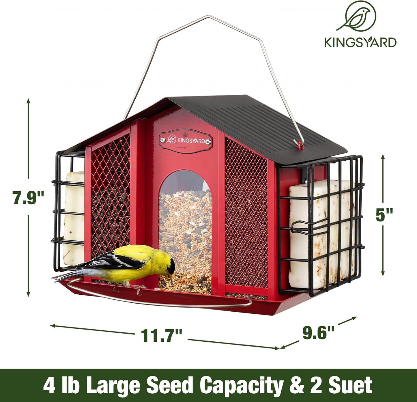 Kingsyard Large Metal Bird Feeders for Outdoors Hanging with Double Suet Cage Weatherproof Roof, 4 in 1 Suet Feeder for Woodpecker, 4 Lbs Capacity Bird Feeder House for Cardinal Finch Chickadee, Red