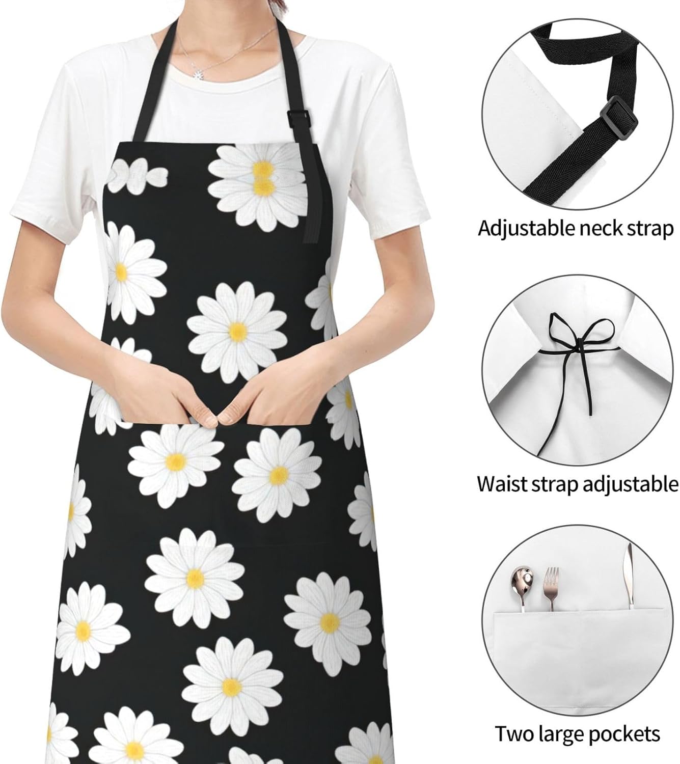White Daisy 2 Print Laundry apron 28x33 In Waterproof Kitchen Apron with Pockets for Cooking Baking