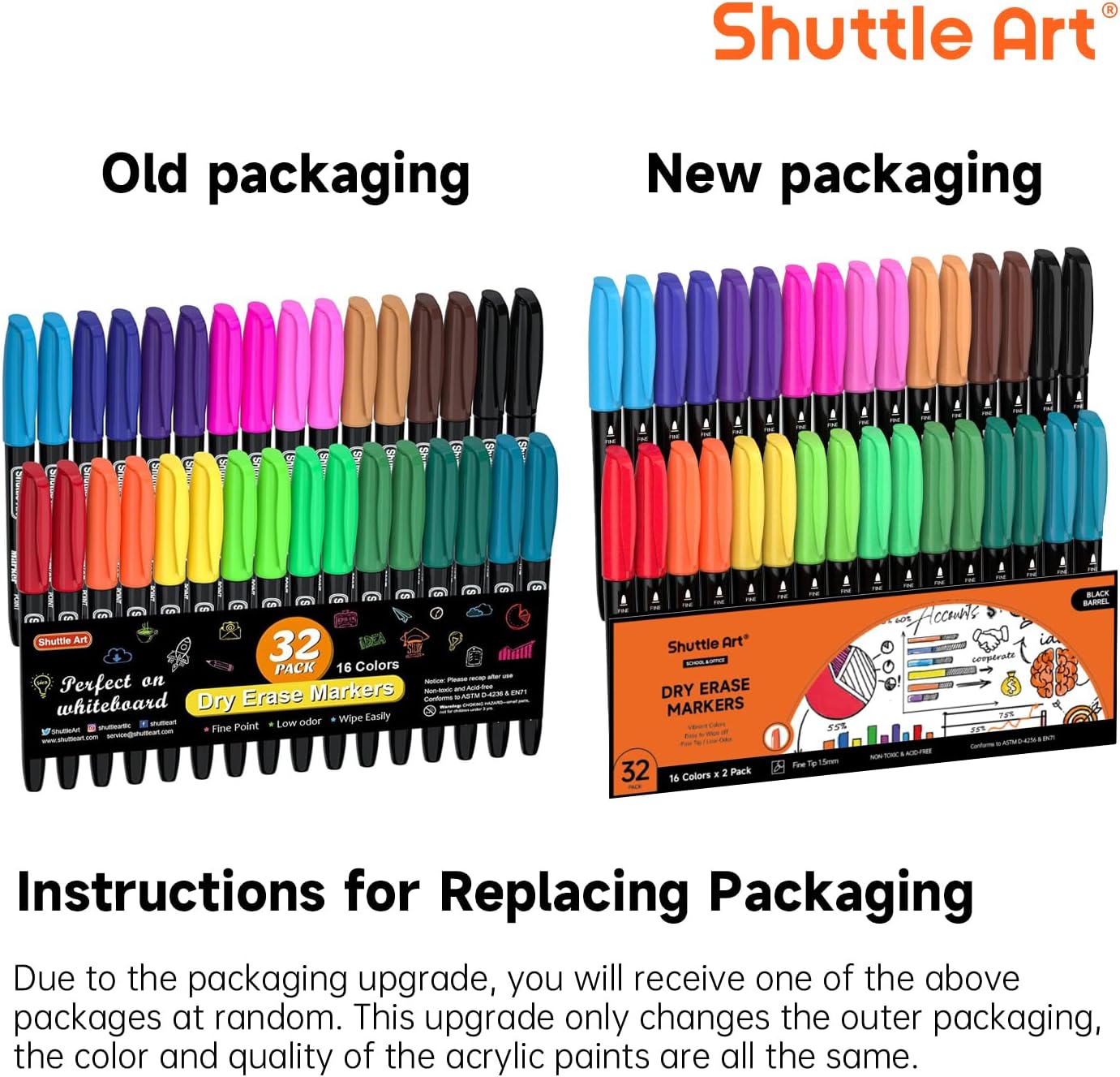 Shuttle Art Dry Erase Markers, 32 Pack 16 Colors Whiteboard Markers,Fi