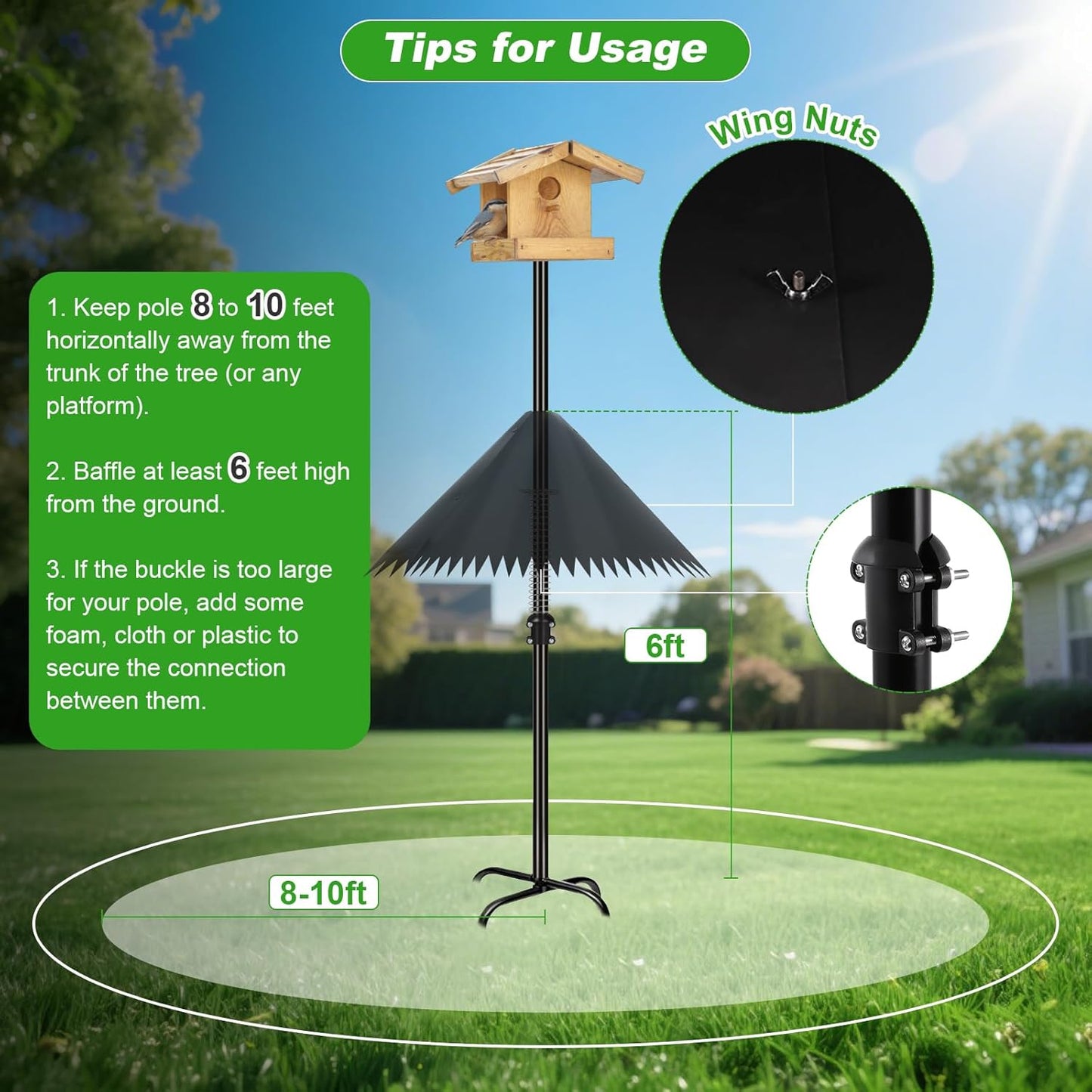 2 Pack Squirrel Baffle for Bird Feeder Pole, 19 inch Squirrel Cone for Bird Feeder Pole, Outdoor Squirrel Guard with Stainless Steel Spring for Shepherd's Hook, Black