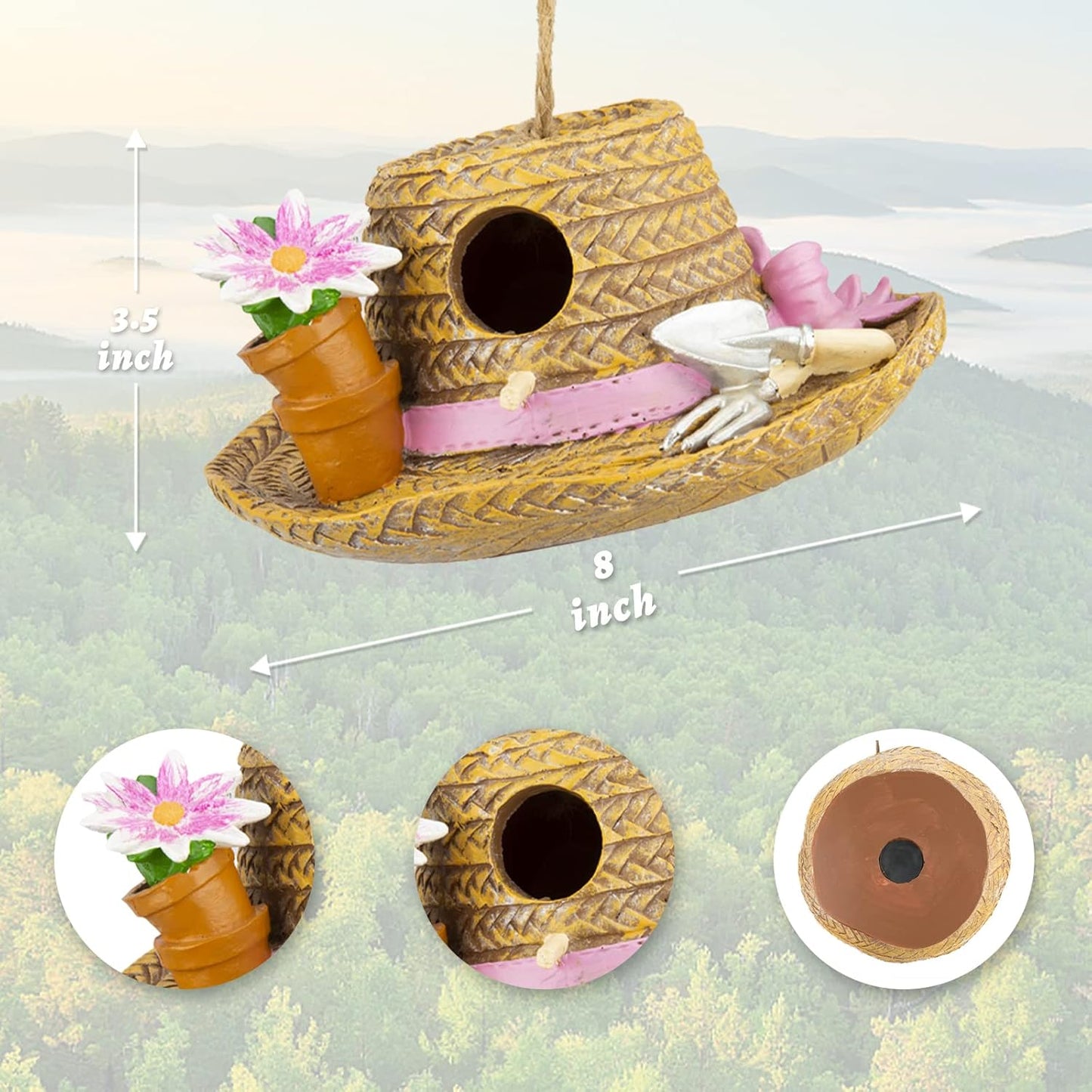 Yinns Birdhouse Hanging Bird Houses for Outside, Decorative Straw Hat Bird House Home Patio Garden Decor for Humming Bird, Bluebird, Wren Nesting