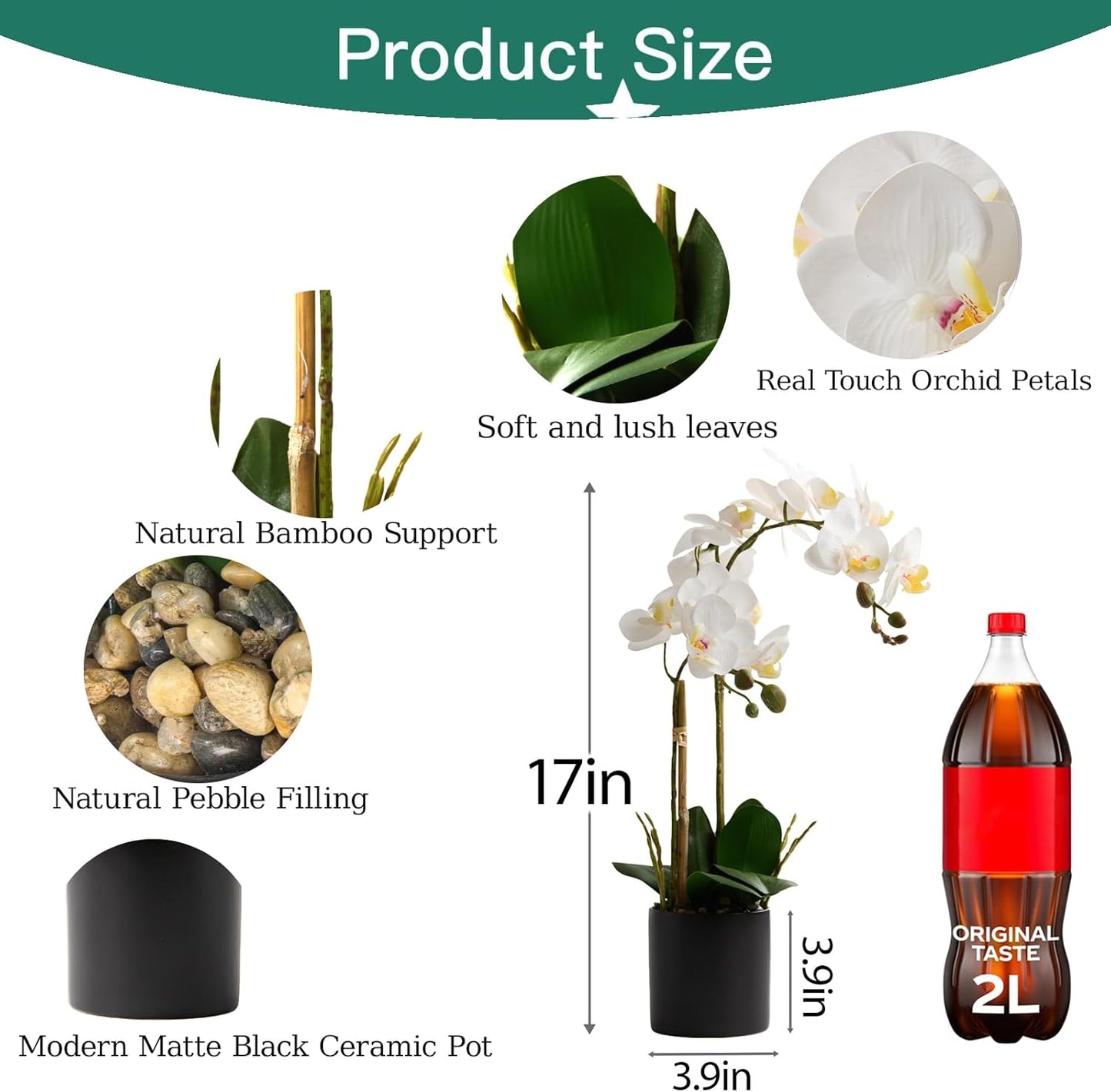 17" Fake White Orchid Flowers in Ceramic Pot,Real Touch Orchids Artificial Flowers Potted Plant,Faux Phalaenopsis Flowers Potting for Home Wedding Table Centerpiece Bathroom Office Decor
