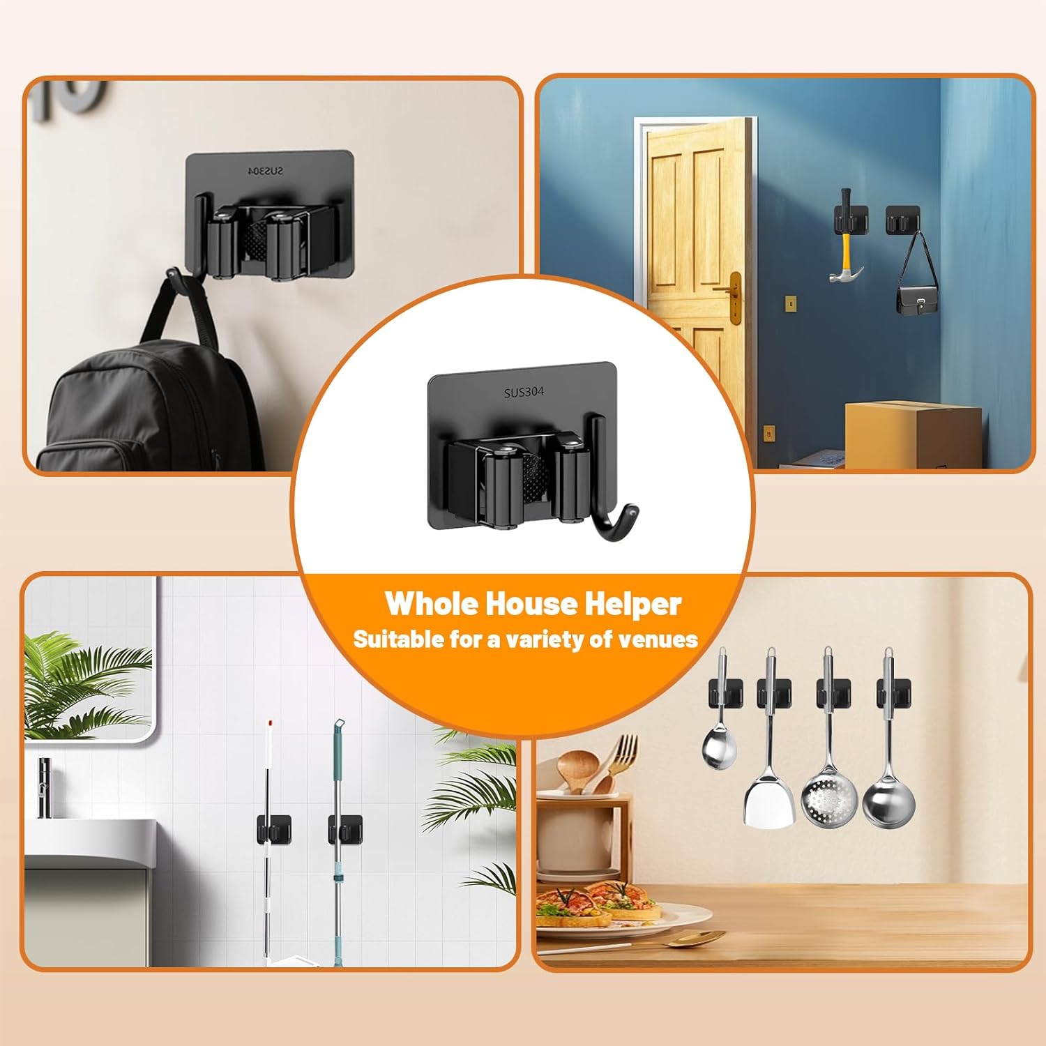 6 Pack Mop and Broom Holder Wall Mount - Stainless Steel Broom Mop Han