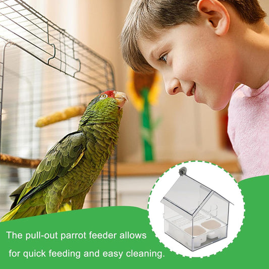 Pull Out External Parrot Feeder Food, Hanging Bird Feeder with Pull Out Tray, Transparent Bird Bath Tub,with Squirrel Proof Tray, for Pet Lover Watching