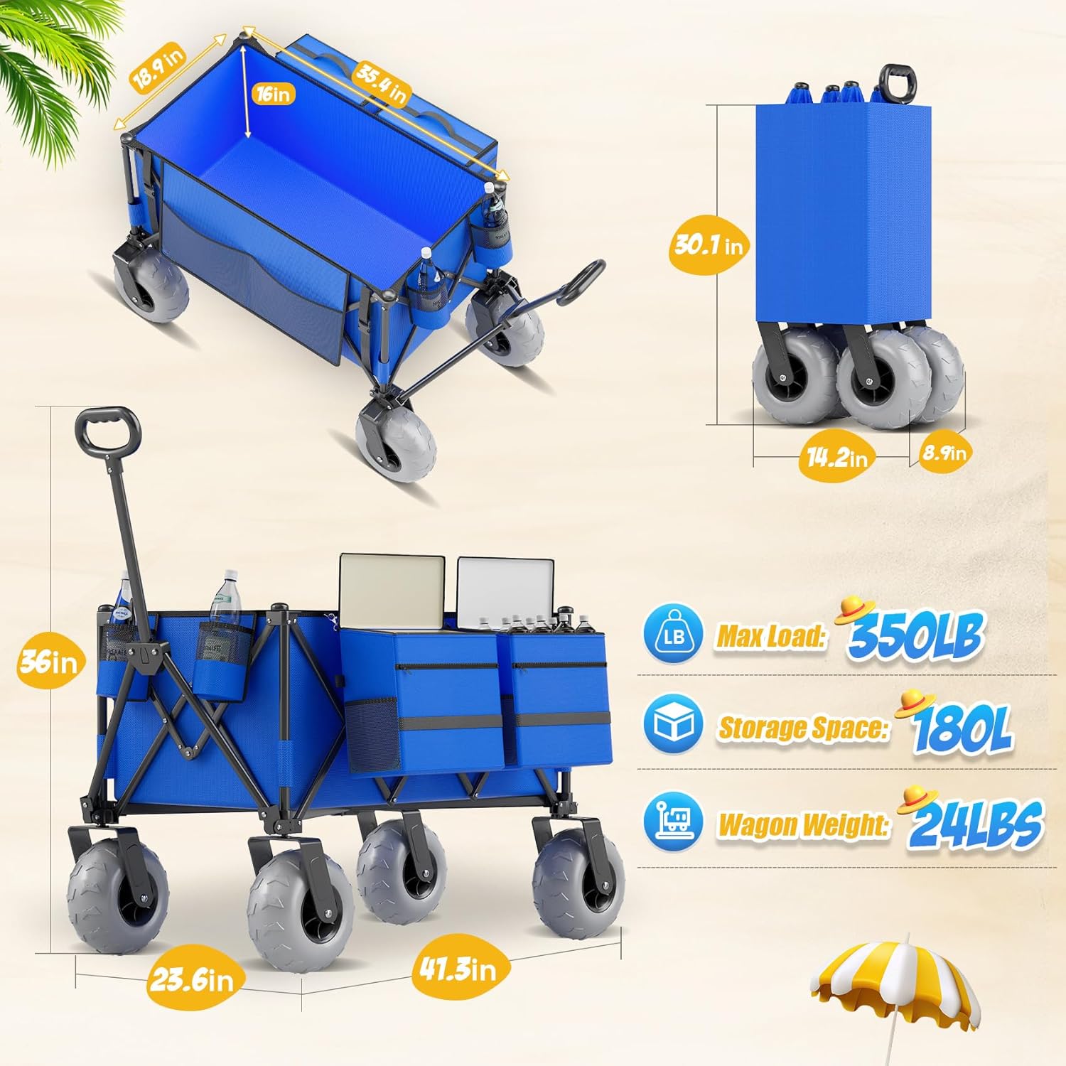 Beach Wagon with Big Wheels for Sand, 350lbs Heavy Duty Folding Wagon,