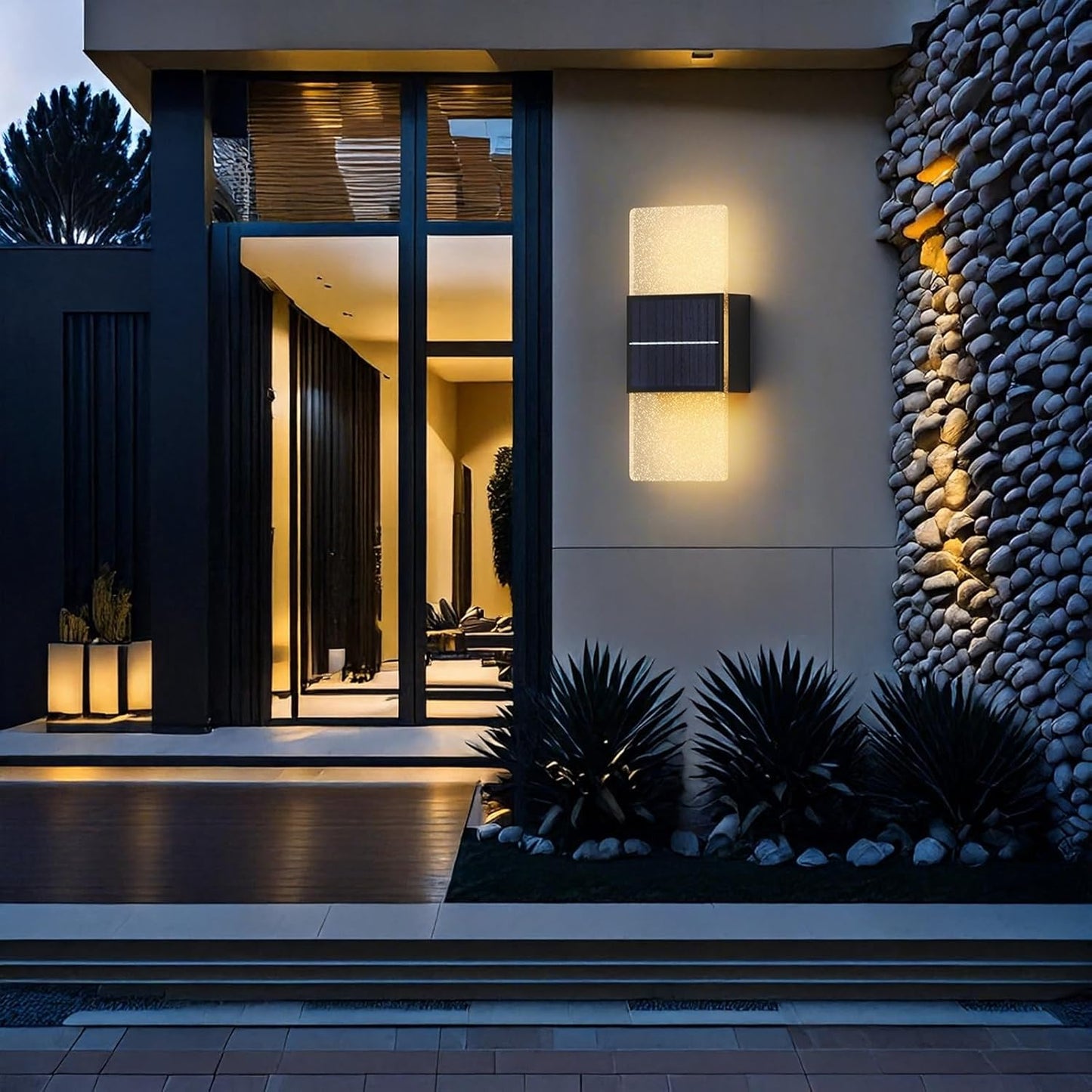 Solar Wall Lamp Outdoor, Modern Up Down Exterior Light with Acrylic Panel, IP65 Waterproof Wireless LED Stainless Steel Fixture for Porch Patio Villa Yard Garden Gate Path Cottage