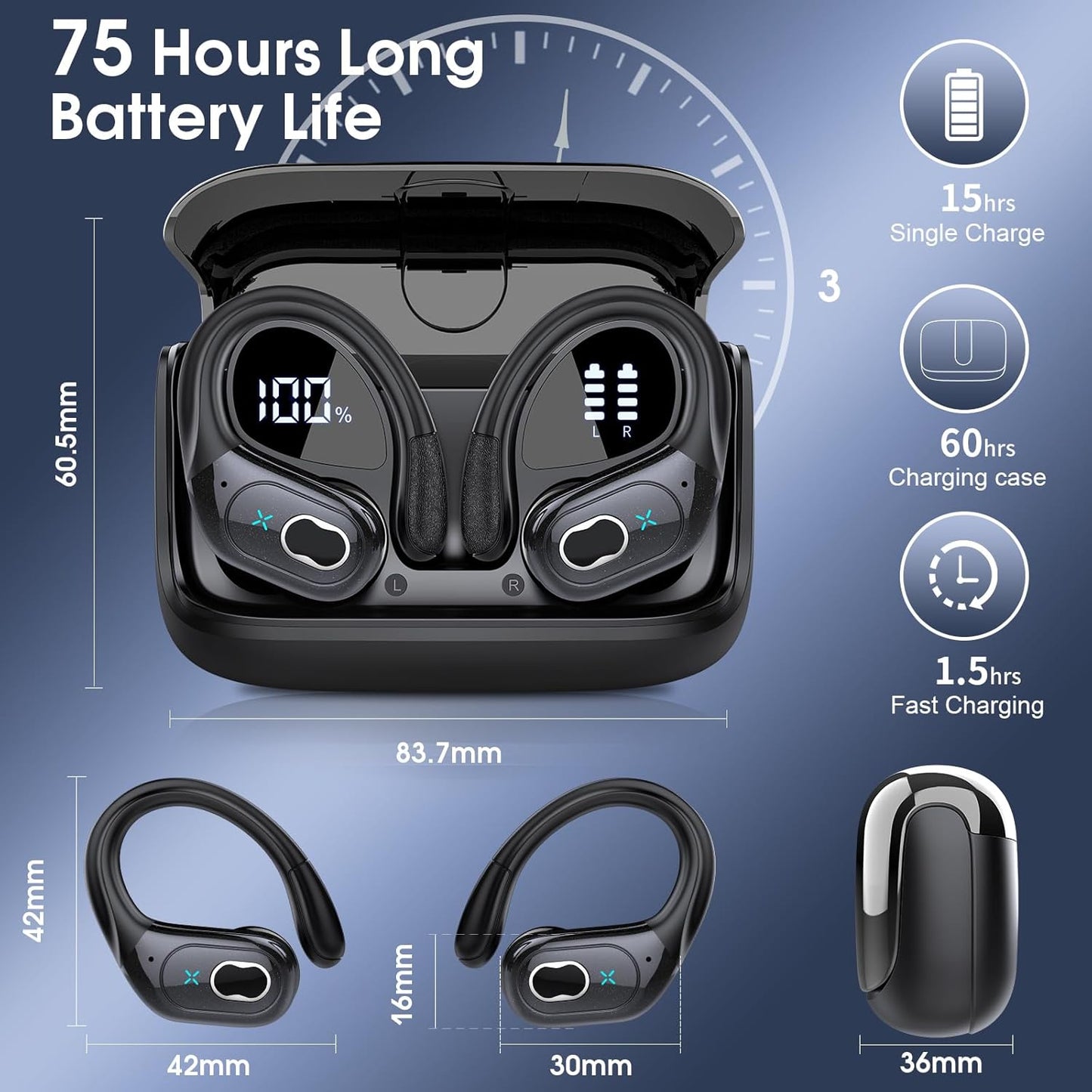 Wireless Earbuds 75hrs Bluetooth 5.4 Headphone Sport, 2026 Bluetooth E