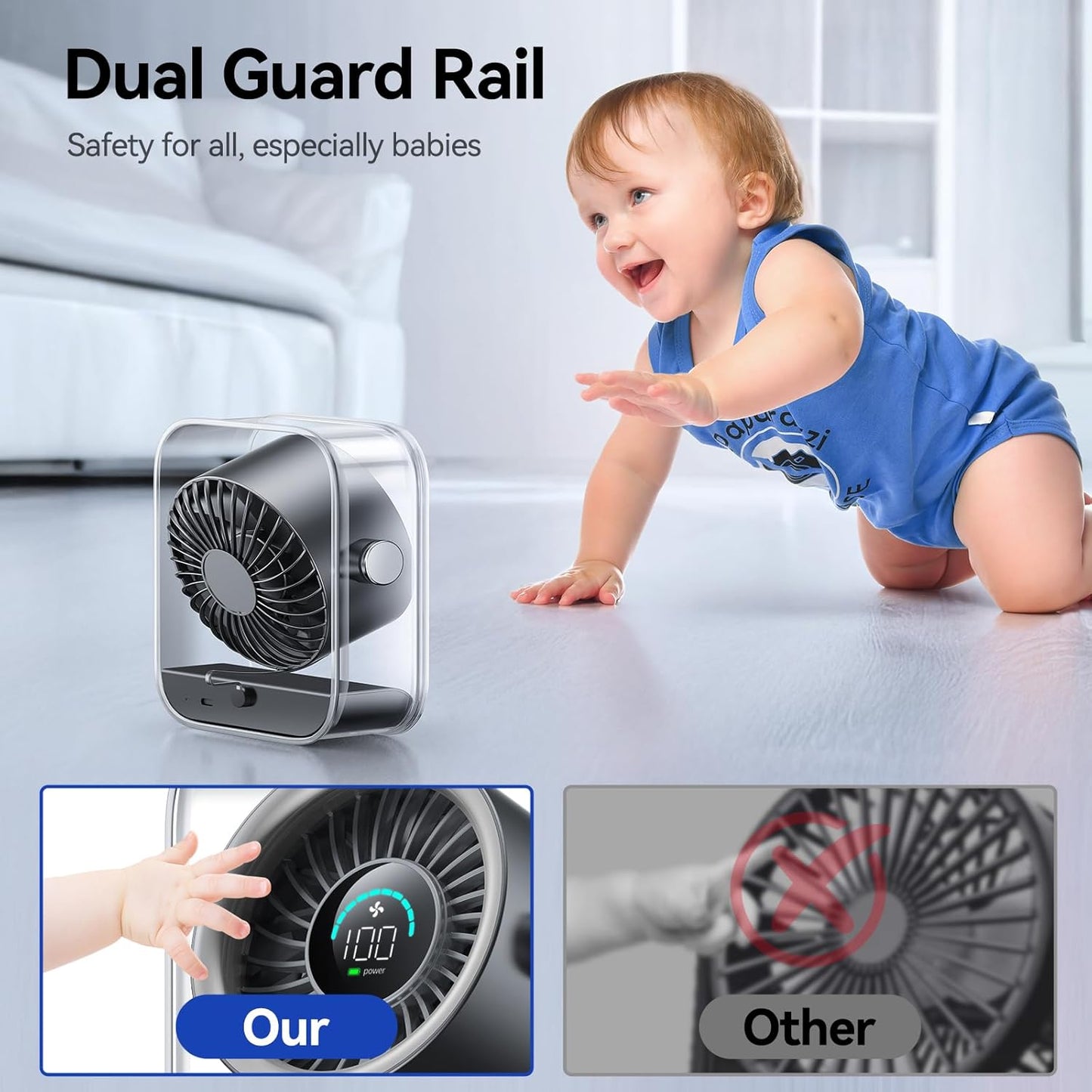 Rechargeable USB Desk Fan, Quiet Table Fan with Turbo Airflow, 100 Speeds, Digital Display, 90° Rotating, Small Battery Desktop Fans for Bedroom Home Office Travel, Black