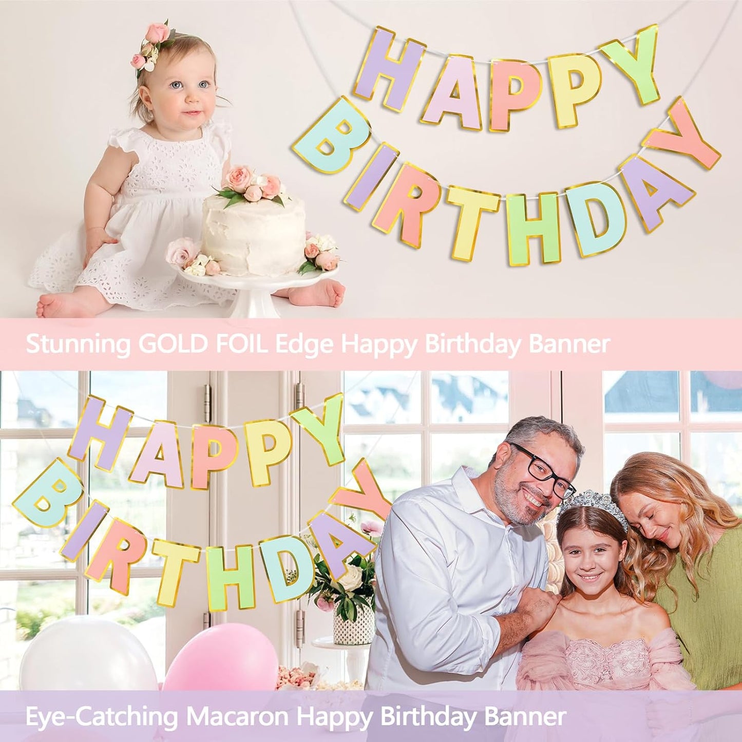 Happy Birthday Banner - 9ft Pre-Strung Happy Birthday Sign for Women, Men, Girls, Boys - No DIY Birthday Decorations & Party Supplies(Macaron)