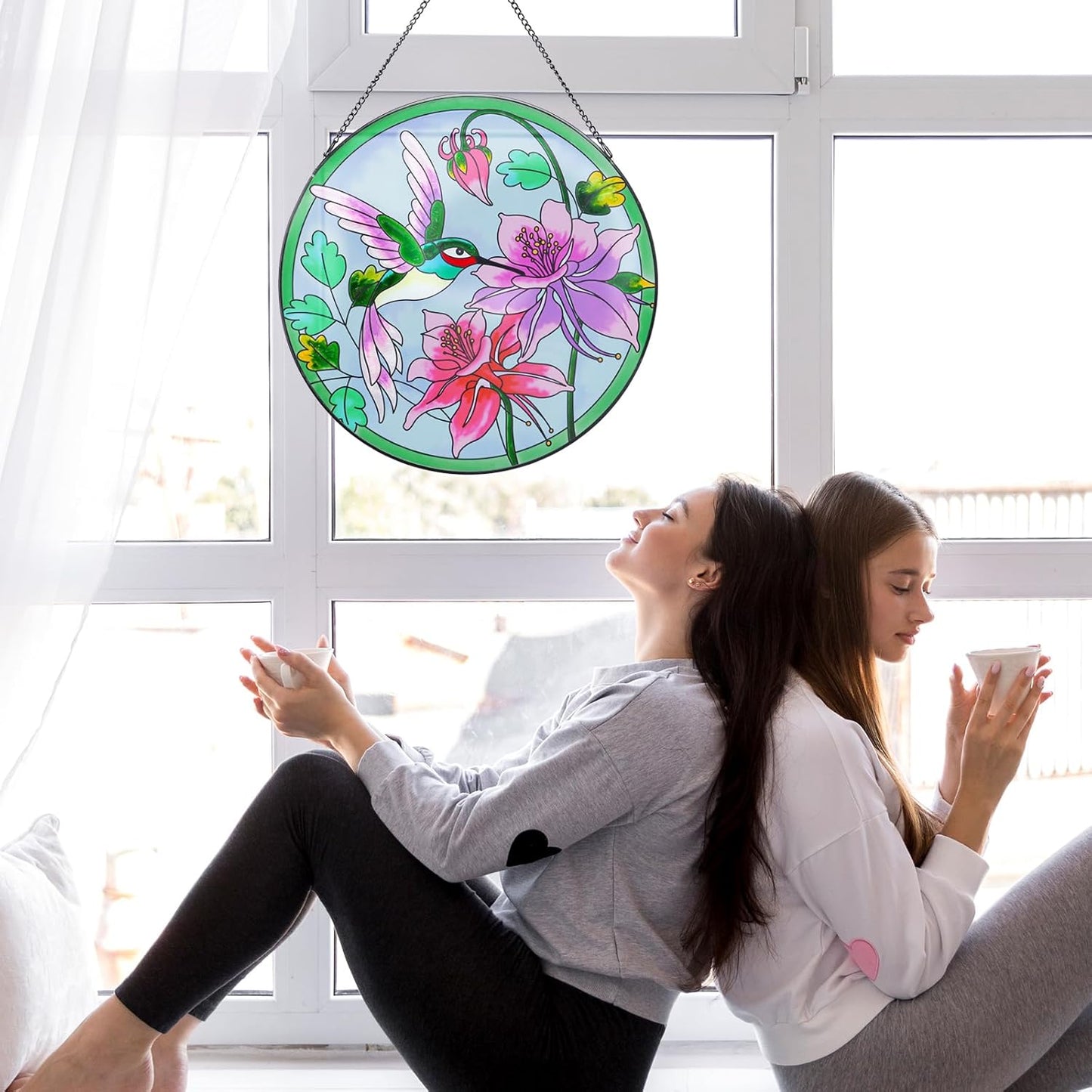 MUMTOP Hummingbird Stained Glass Window Hanging 12 Inch Large Colorful Bird Flower Suncatcher Birthday Gift for Mom Grandma Bird Lovers