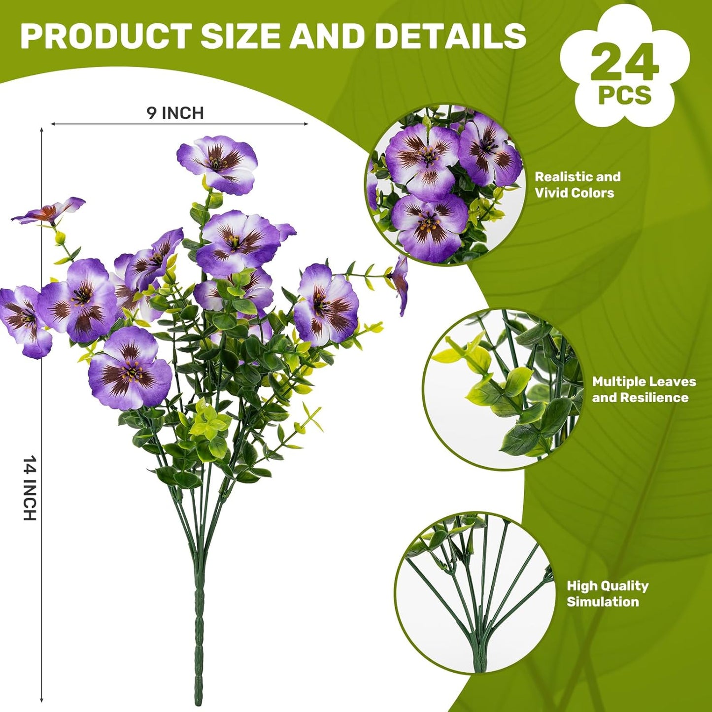 24 Pcs Artificial Fake Pansy Flowers for Outdoor,Faux Silk Plants Flowers UV Resistant Pansies Spring Flowers for Planter Front Door Porch Yard Patio garden Window Box Home Decor(Purple White)