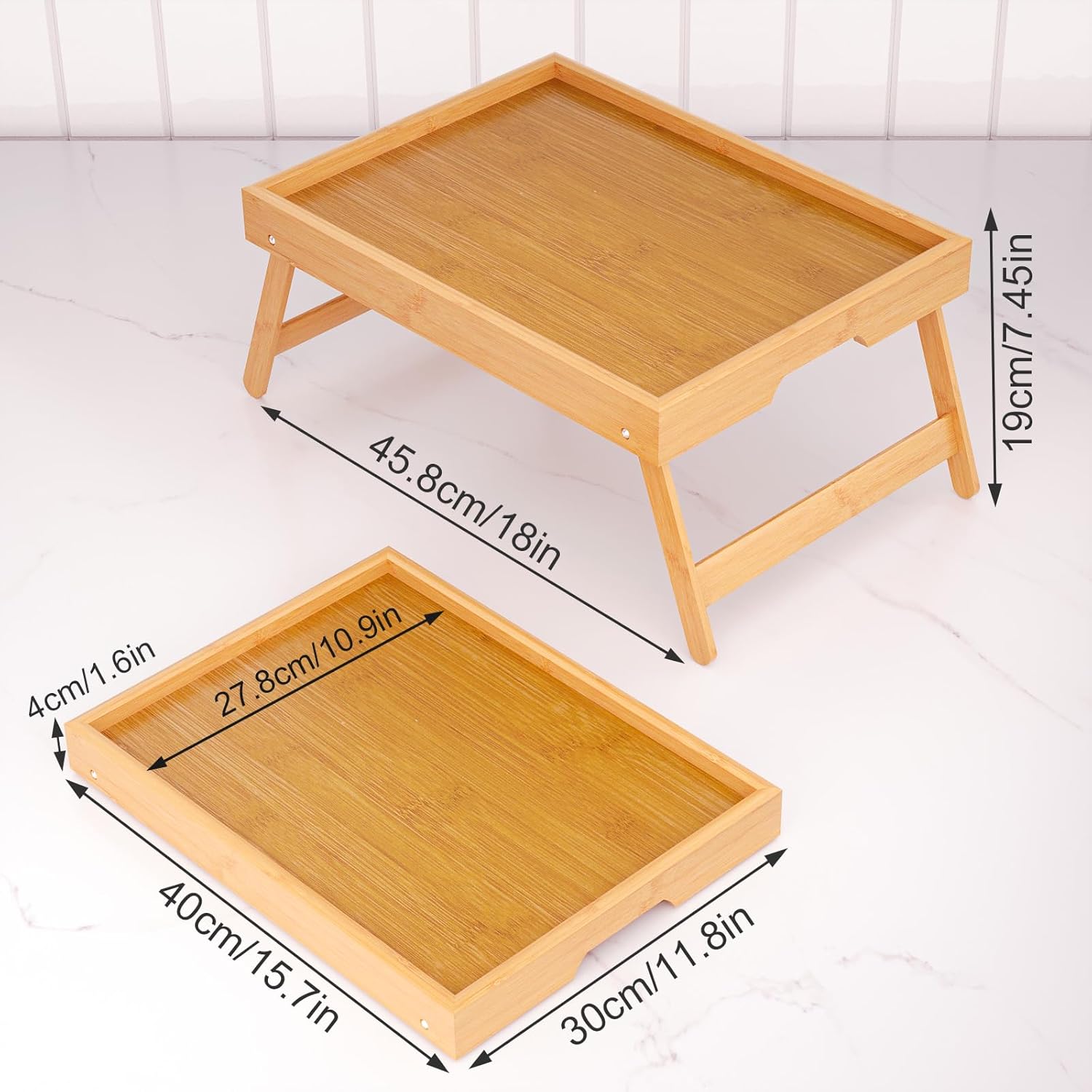 2 Pack Bamboo Bed Tray Table with Folding Legs,Breakfast Trays,Serving