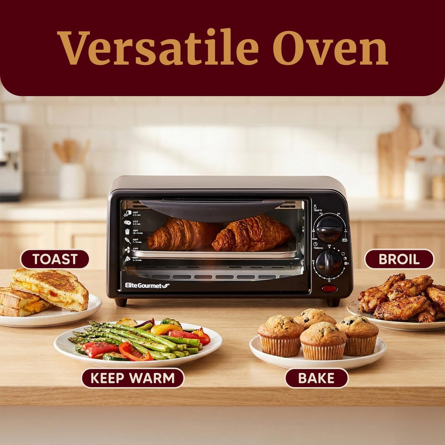 Elite Gourmet ETO236 Personal Compact 2 Slice Countertop Toaster Oven with 15 Minute Timer & Adjustable Temperature, Bake, Broil, & Toast, Black