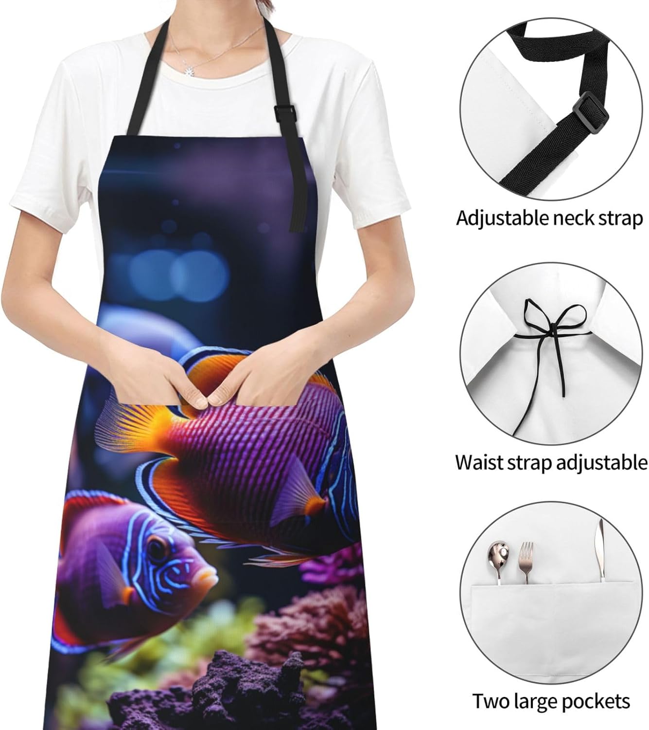 fish aquarium print Waterproof apron with pocket adjustable cooking apron for adult kitchen bibs to bake