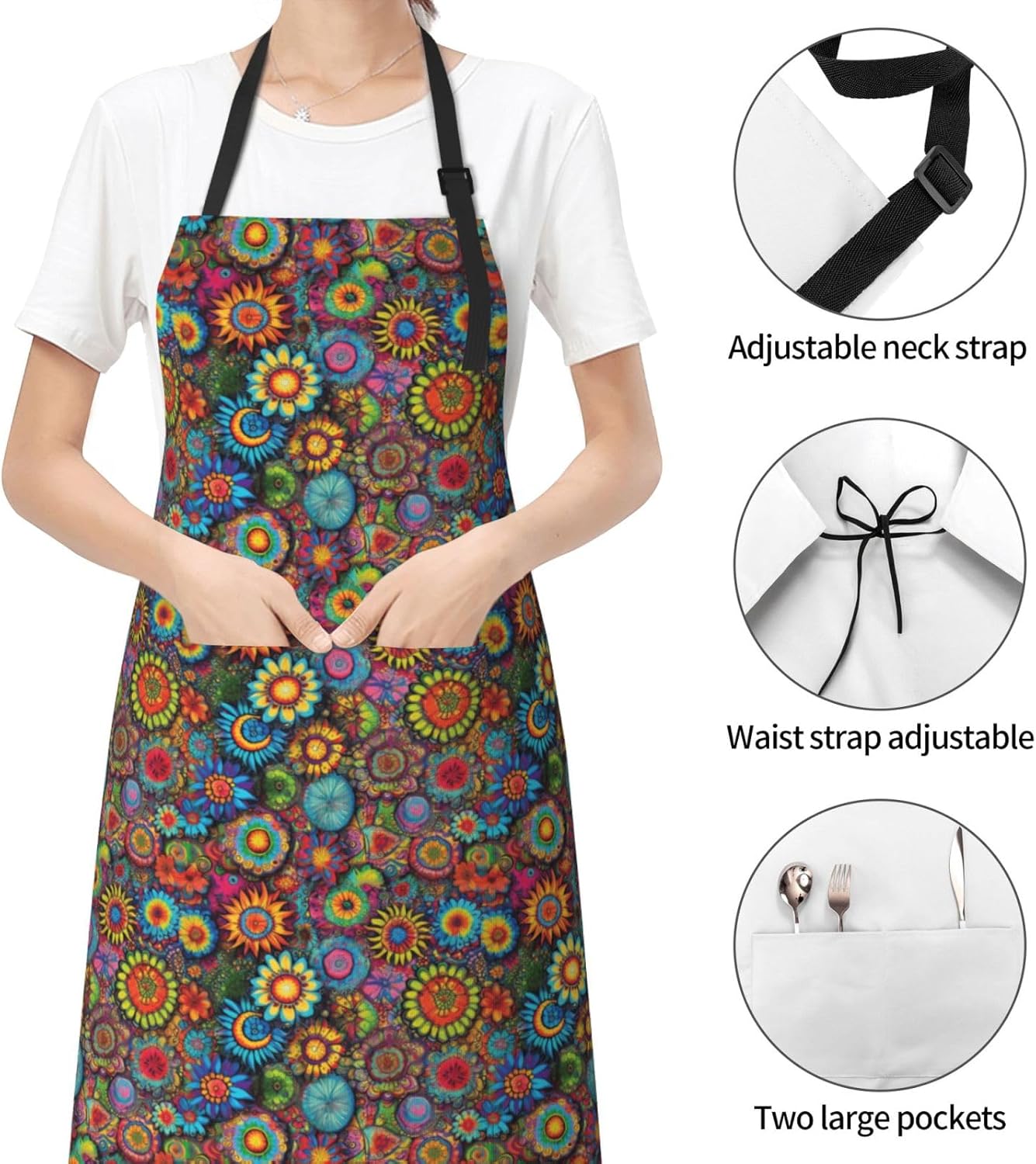 YANYU Hippie Pattern Print 28x33 In Kitchen Apron Stylish Chef Apron with Pockets for Cooking Baking Painting