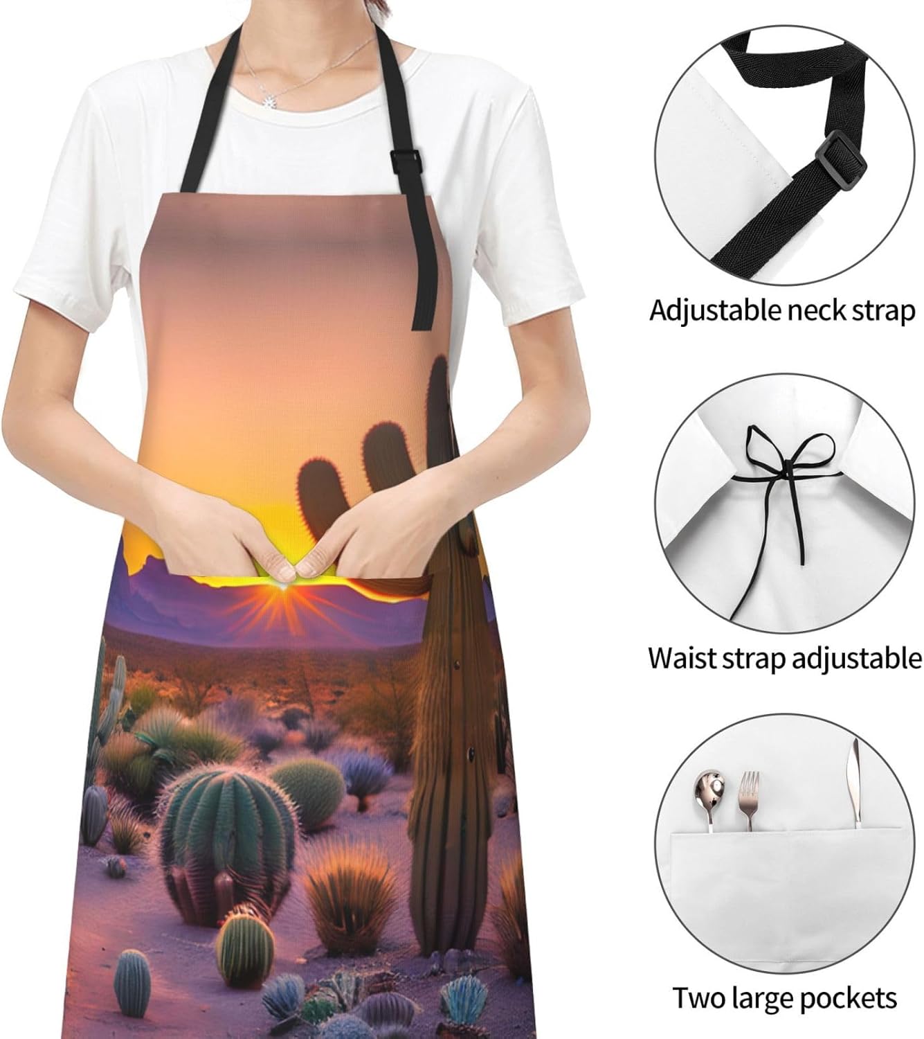 Cactus Desert Sunsets Print Laundry apron 28x33 In Waterproof Kitchen Apron with Pockets for Cooking Baking