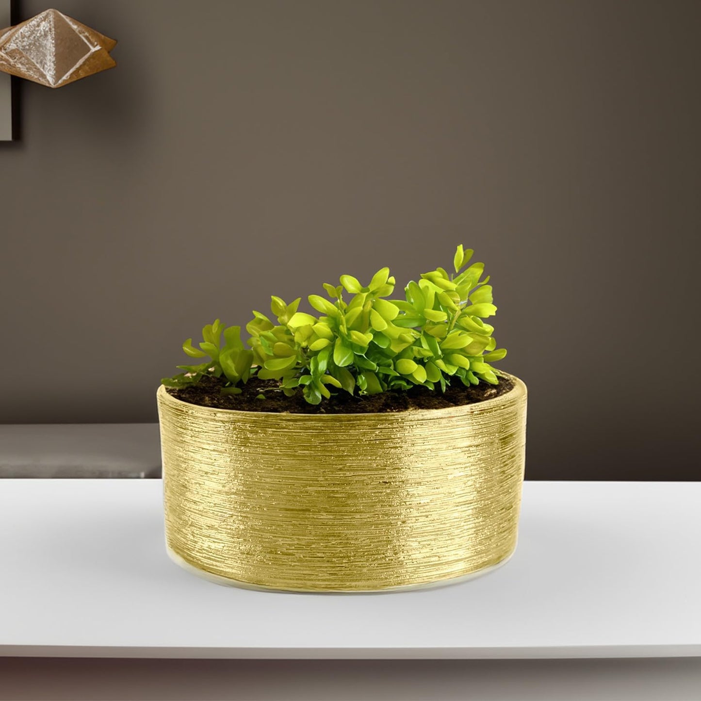 WGV Gold Etched Ceramic Cylinder Vase Width 8" Height 4" Elegant Modern Floral Container Planter Pot Centerpiece for Event Wedding Home Decor, Gold Textured 1 Piece