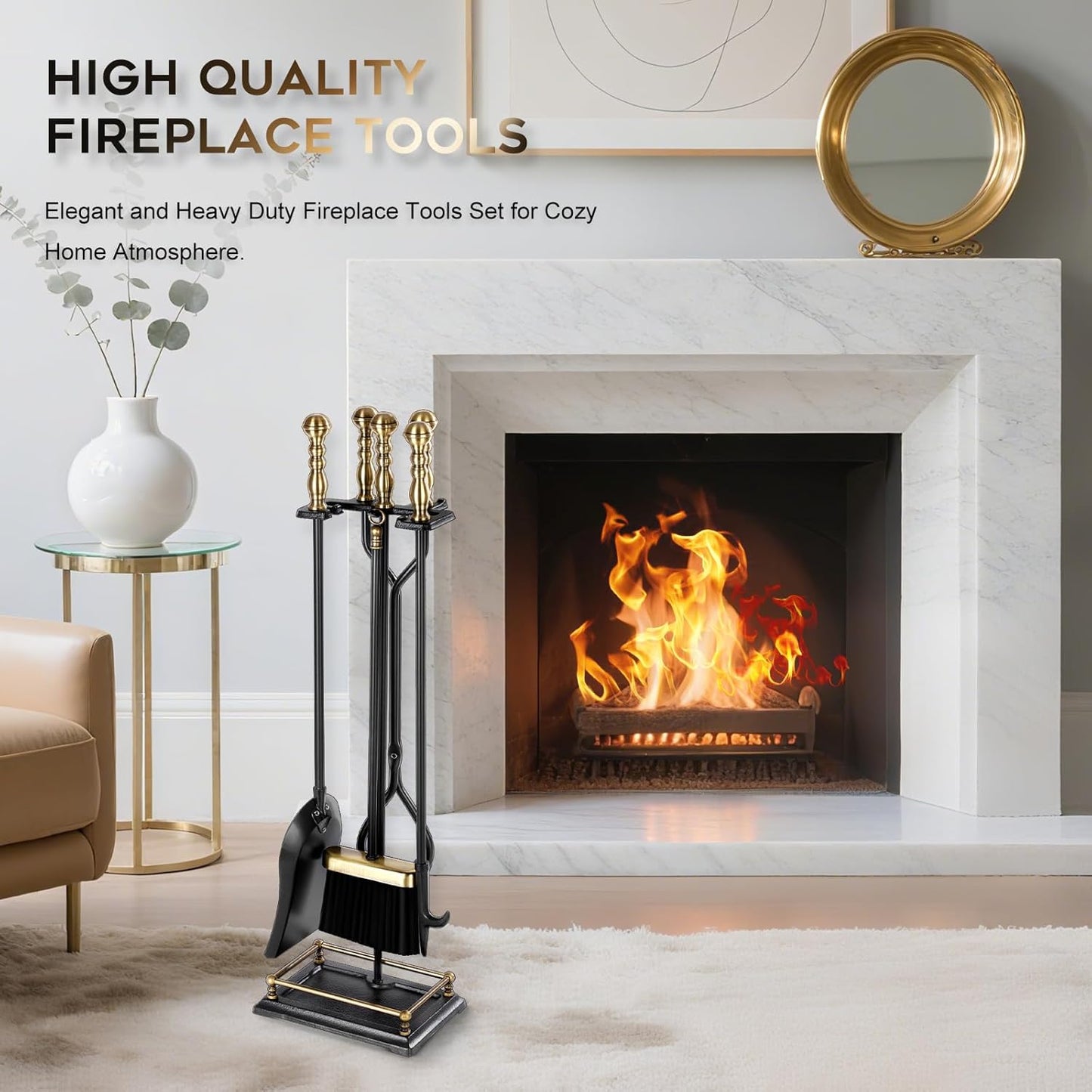 FEED GARDEN Fireplace Tools Set 5 Pieces Modern 30 Inch Outdoor Wrought Iron Fireplace Elegant Brass Handles Accessories Set with Poker, Tongs, Shovel, Brush, Base