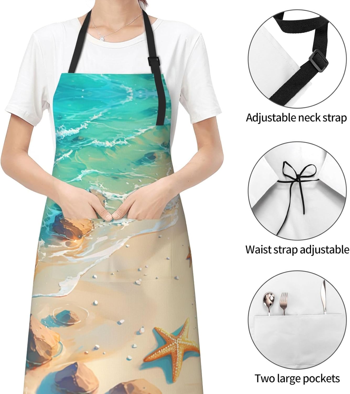 Beach Starfish print Waterproof apron with pocket adjustable cooking apron for adult kitchen bibs to bake