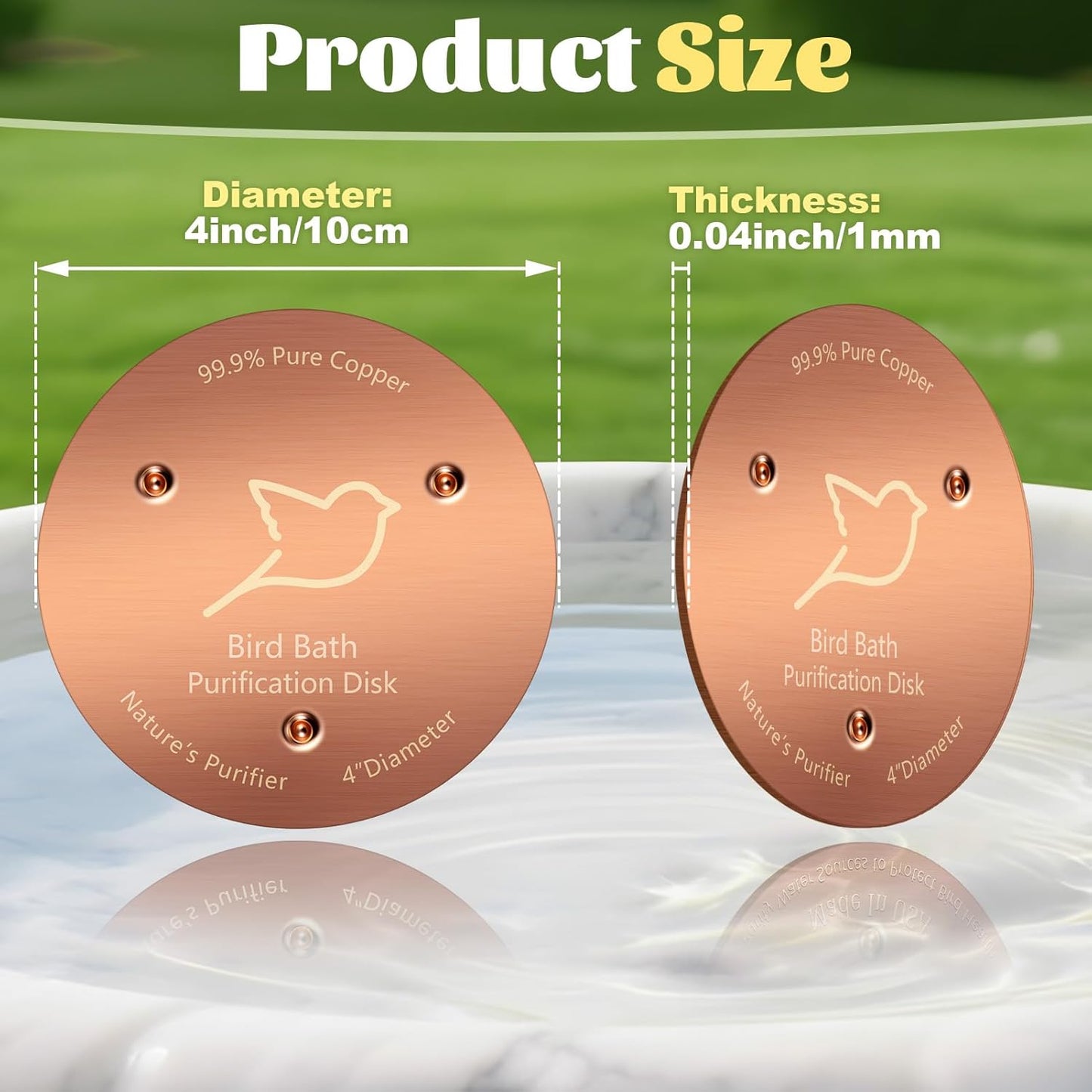 2PCS Bird Bath Copper Disk,1mm Thick Reinforced 99.99% Pure Copper Disc with Triple-Point Support,Bird Bath Accessories for Outside Birdbaths Bowls Physical Safe Water Cleaner for All-Season Use