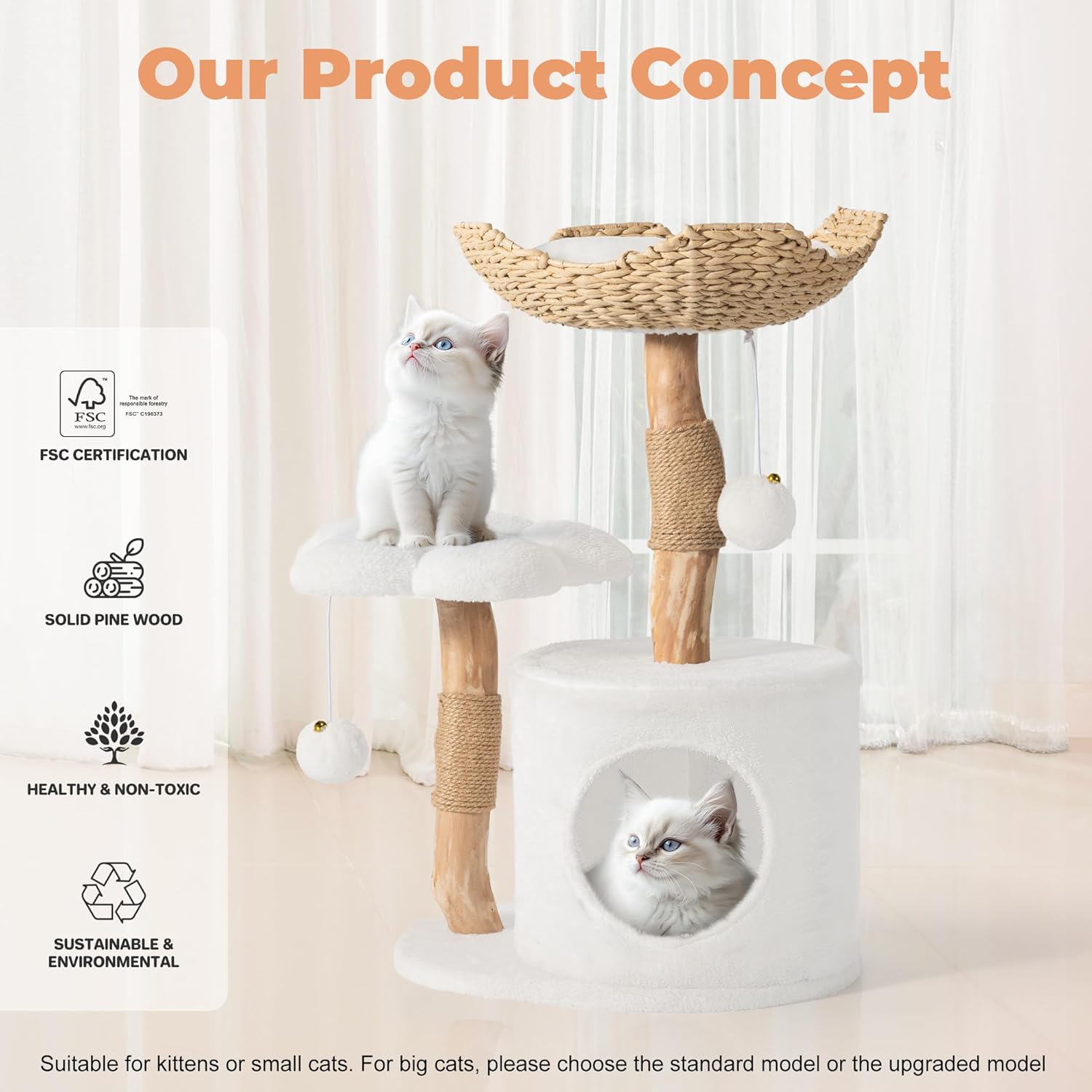 Modern Cat Tree, Wood Cat Tree Tower for Small Cats, Luxury Cat Condo 