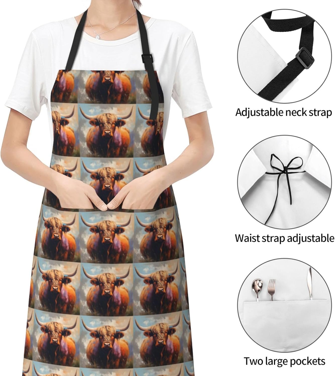YANYU Highland Cow Print 28x33 In Kitchen Apron Stylish Chef Apron with Pockets for Cooking Baking Painting