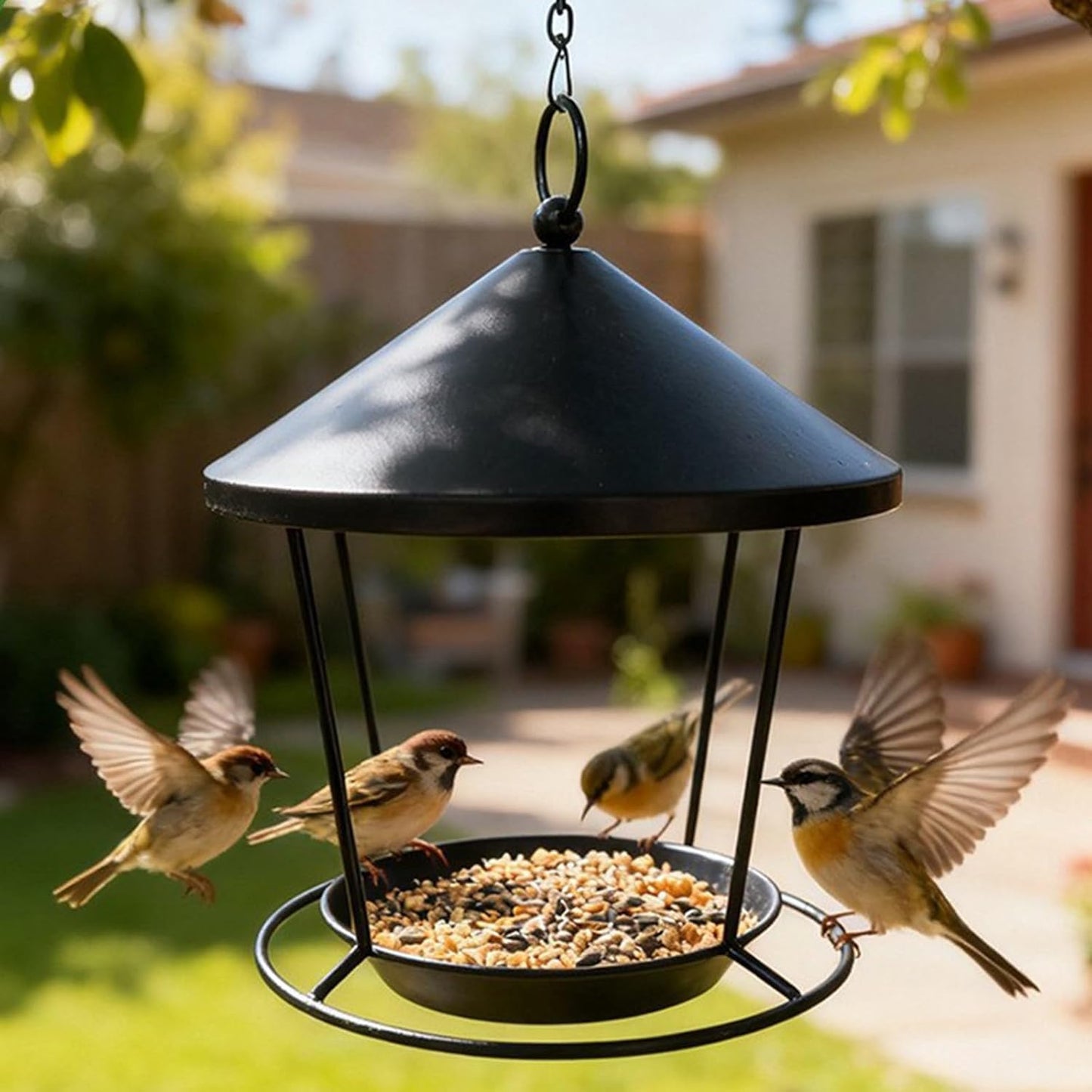 Easy Installation Iron Hanging Bird Feeder with Ornamental Circles for Garden Decoration Weatherproof Large Capacity Bird Feeder