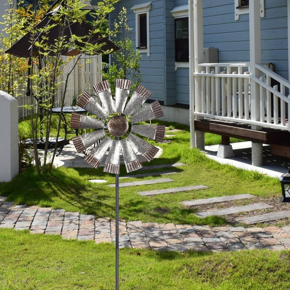 Wind Spinners Outdoor，Metal Vintage Style Single Sided Silver Windmill