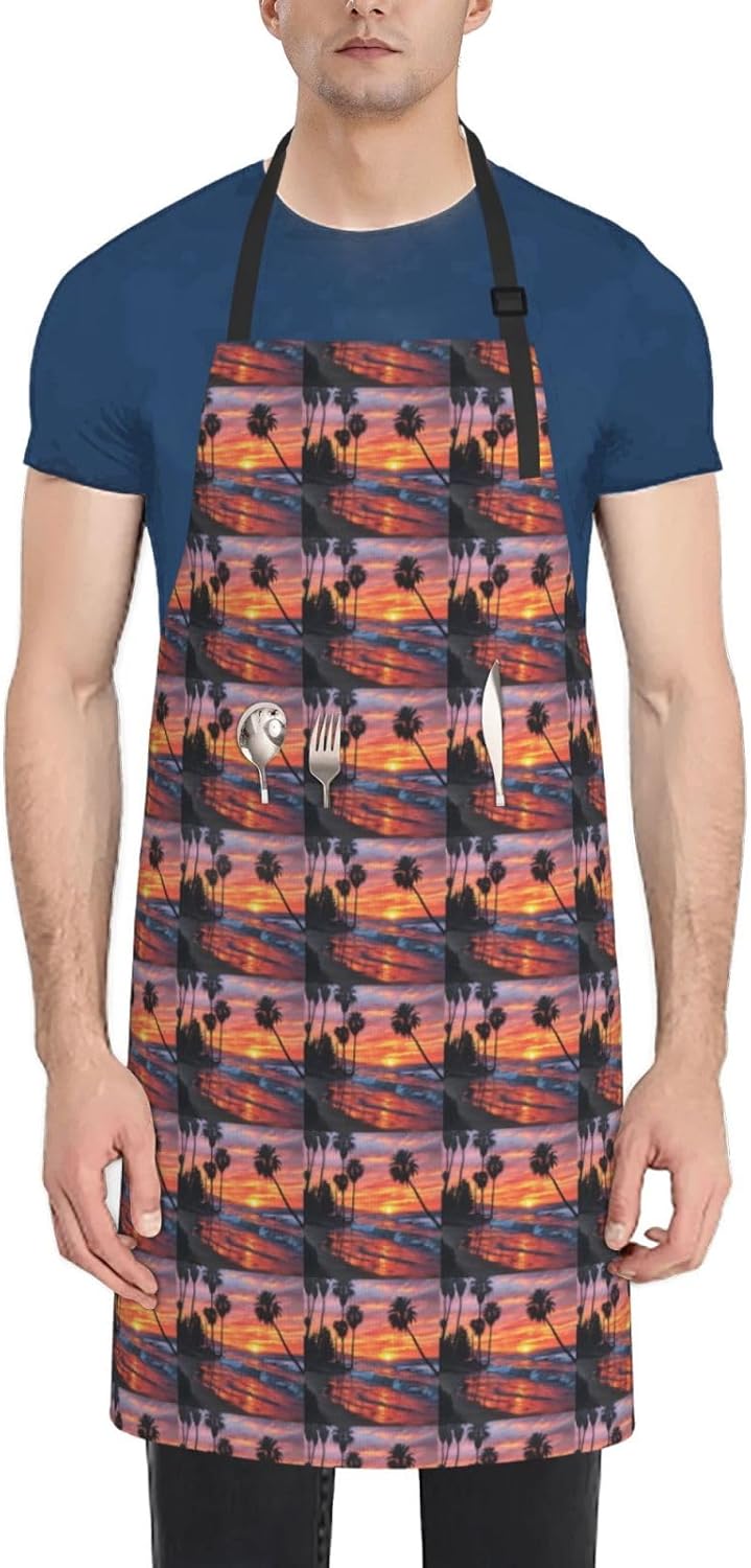 YANYU Palm Tree Sunset Print 28x33 In Kitchen Apron Stylish Chef Apron with Pockets for Cooking Baking Painting