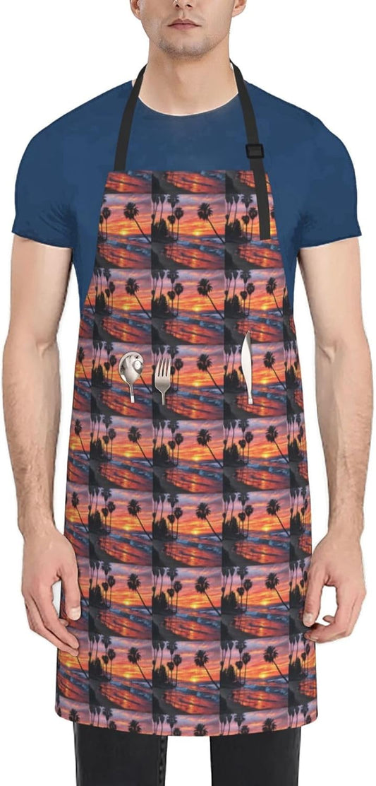 YANYU Palm Tree Sunset Print 28x33 In Kitchen Apron Stylish Chef Apron with Pockets for Cooking Baking Painting