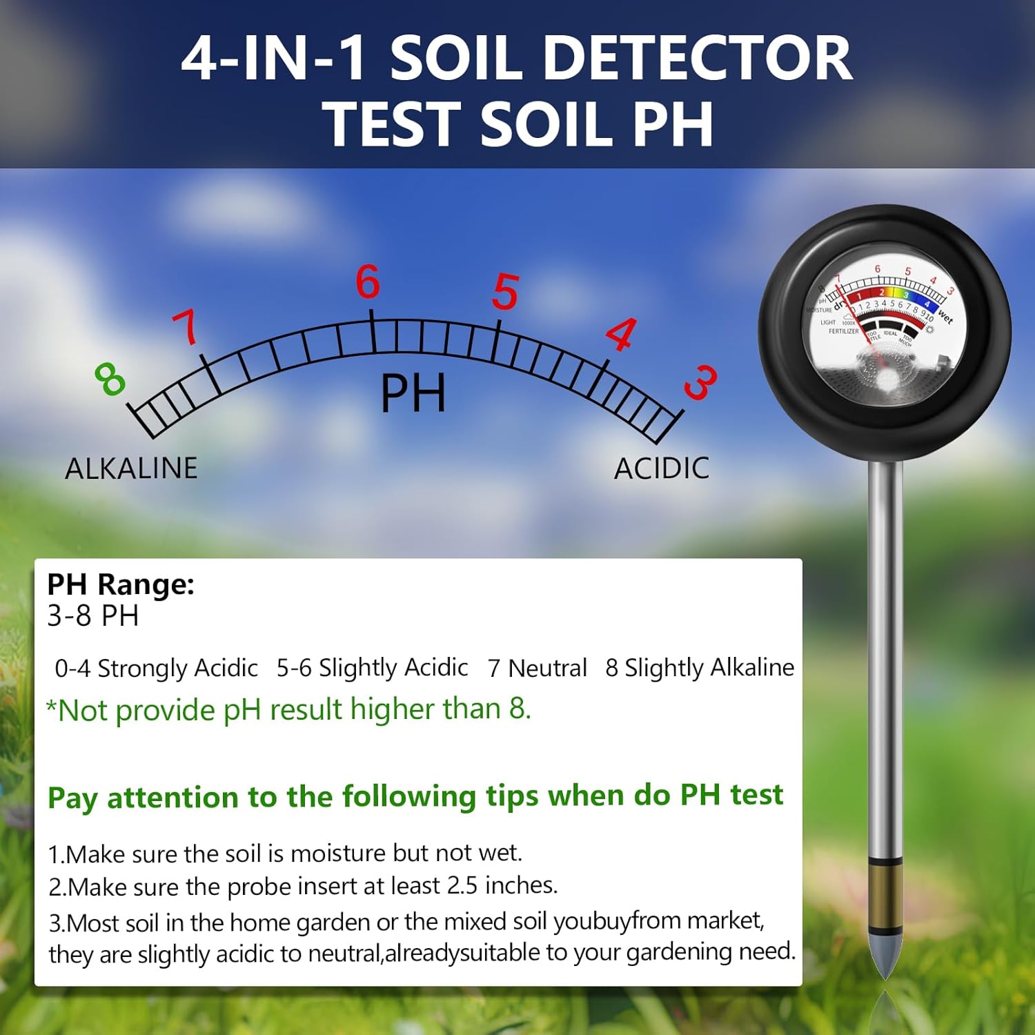 4-in-1 Soil Tester, Battery Free Plant Moisture Meter with PH/Moisture